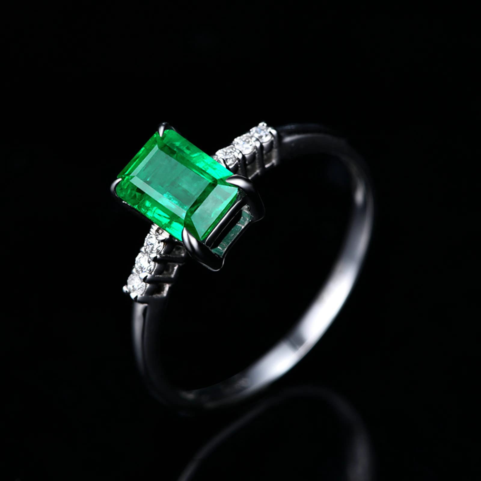 18K White Gold & 925 Sterling Silver Women's Wedding Band - Vintage Moissanite & Created Emerald Ring, Simple Elegant Engagement Ring for Her | Perfect for Bridal, Anniversary, and Special Occasion Gifts