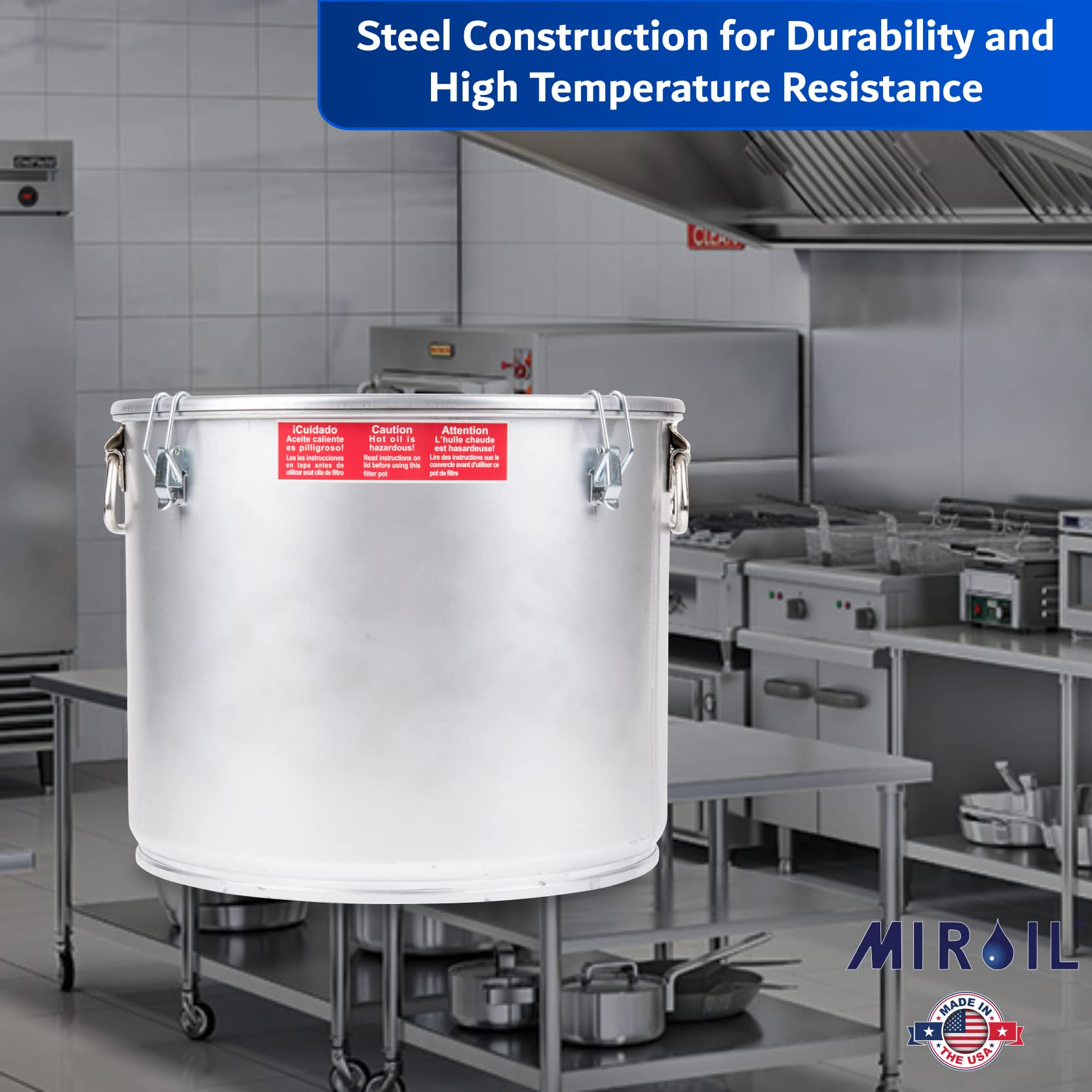 MirOil #40L - 5 Gallon Commercial Grease Bucket & Oil Filter Pot for Hot Cooking Oil Filtration | Heavy-Duty Gasket Safety Lid with Quick Lock Clips | Fits Fryers Up to 35 lbs Capacity | Perfect for Restaurants, Food Trucks & Commercial Kitchens