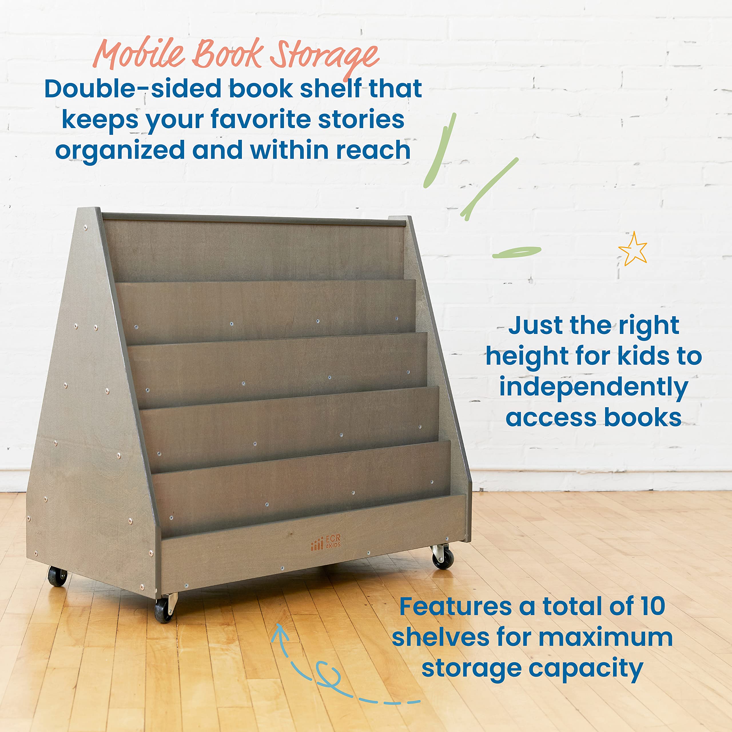ECR4Kids Double-Sided Mobile Book Display - Grey Wash Classroom Bookshelf for Kids | Perfect for School Libraries, Reading Corners & Daycare Centers