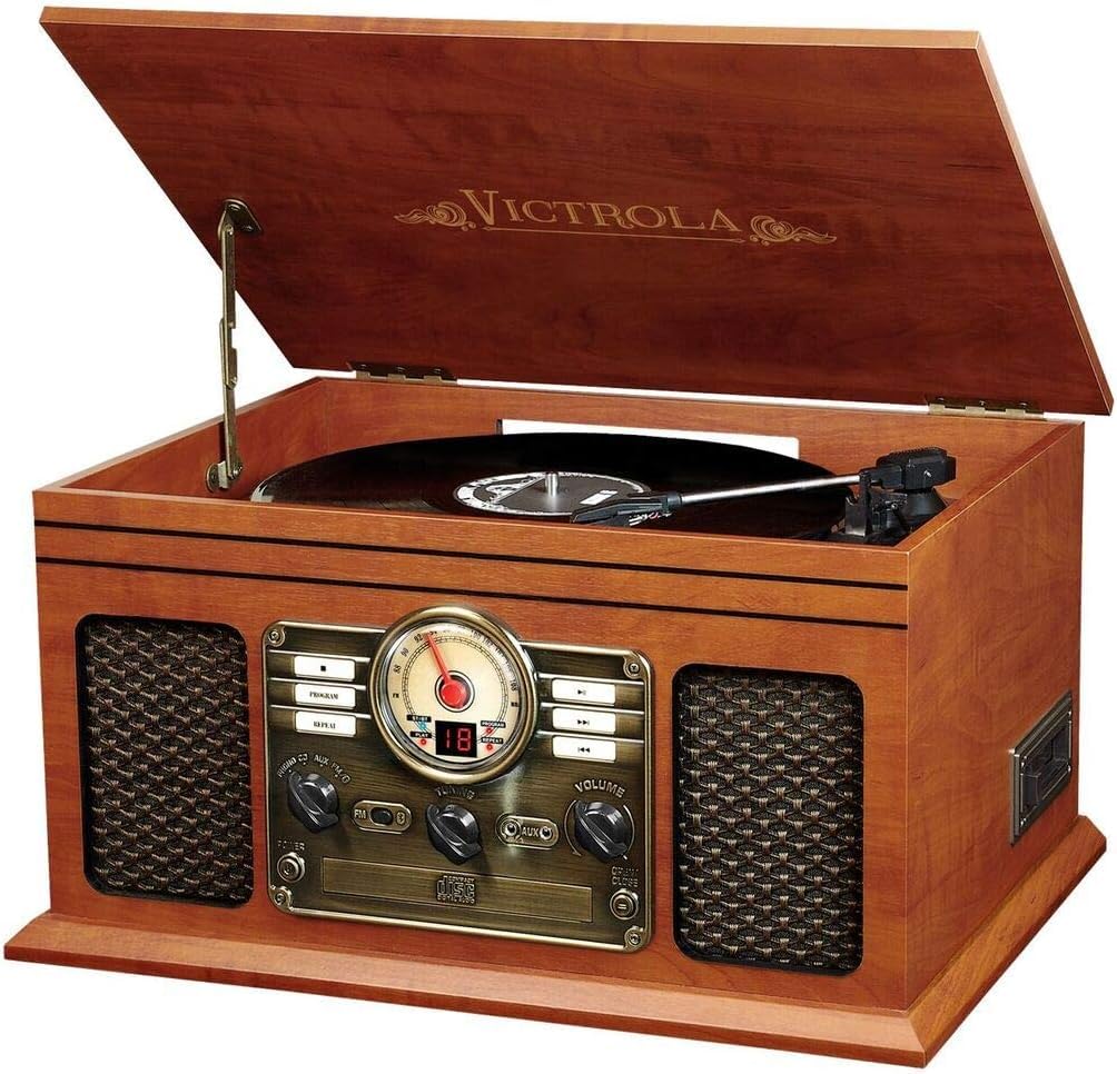 Victrola Nostalgic 6-in-1 Bluetooth Record Player & Multimedia Center with Built-in Speakers - 3-Speed Turntable, CD & Cassette Player, FM Radio | Wireless Music Streaming | Mahogany Finish | Perfect for Home Entertainment & Vinyl Collectors