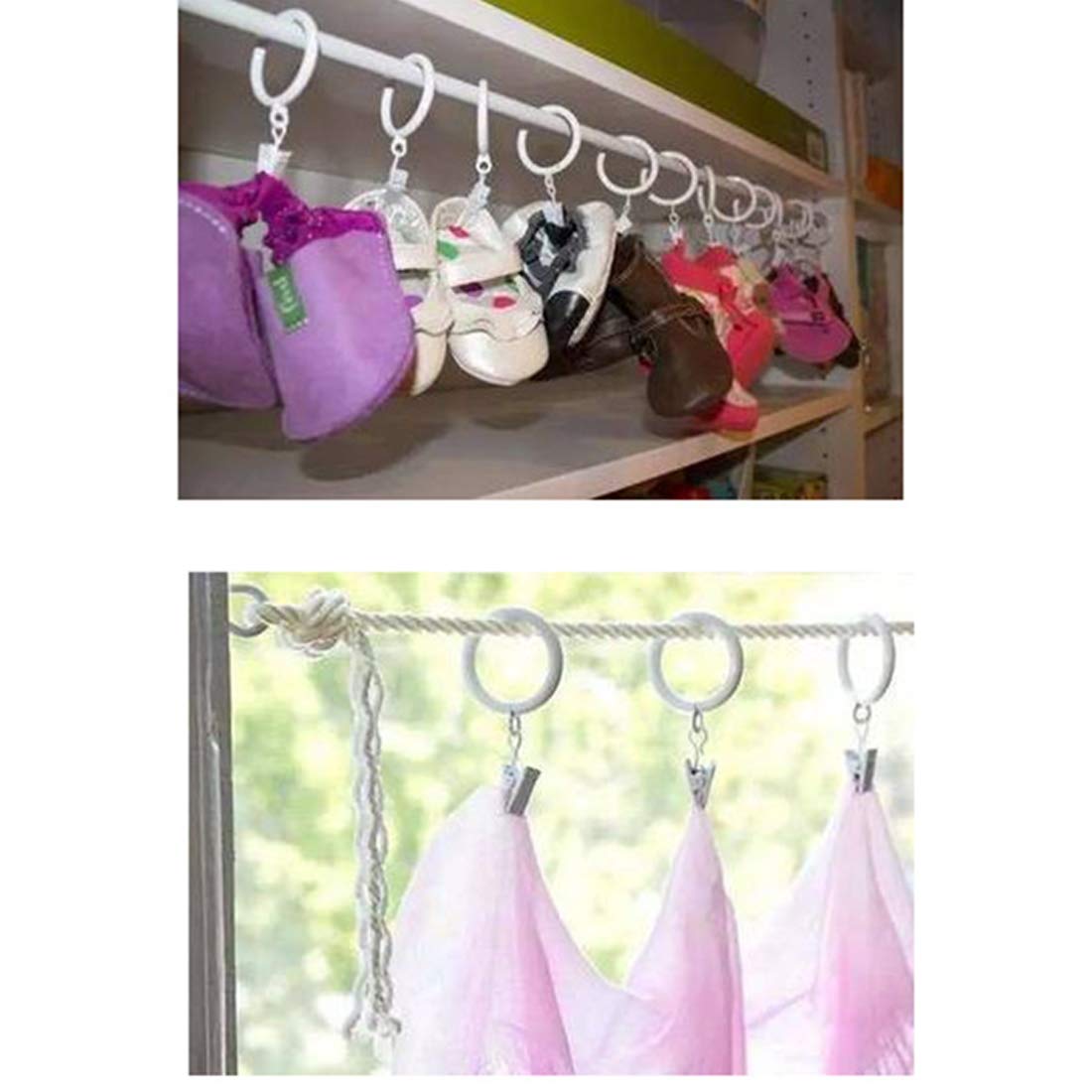 KAIY 14-Pack White Iron Metal Curtain Rings with Clips - 1.25 Inch Interior Diameter Drapery Hooks for Hanging Cafe Curtains, Sheer Panels & Window Treatments - Durable Rust-Resistant Curtain Ring Clips for Home, Office & Bedroom Decor