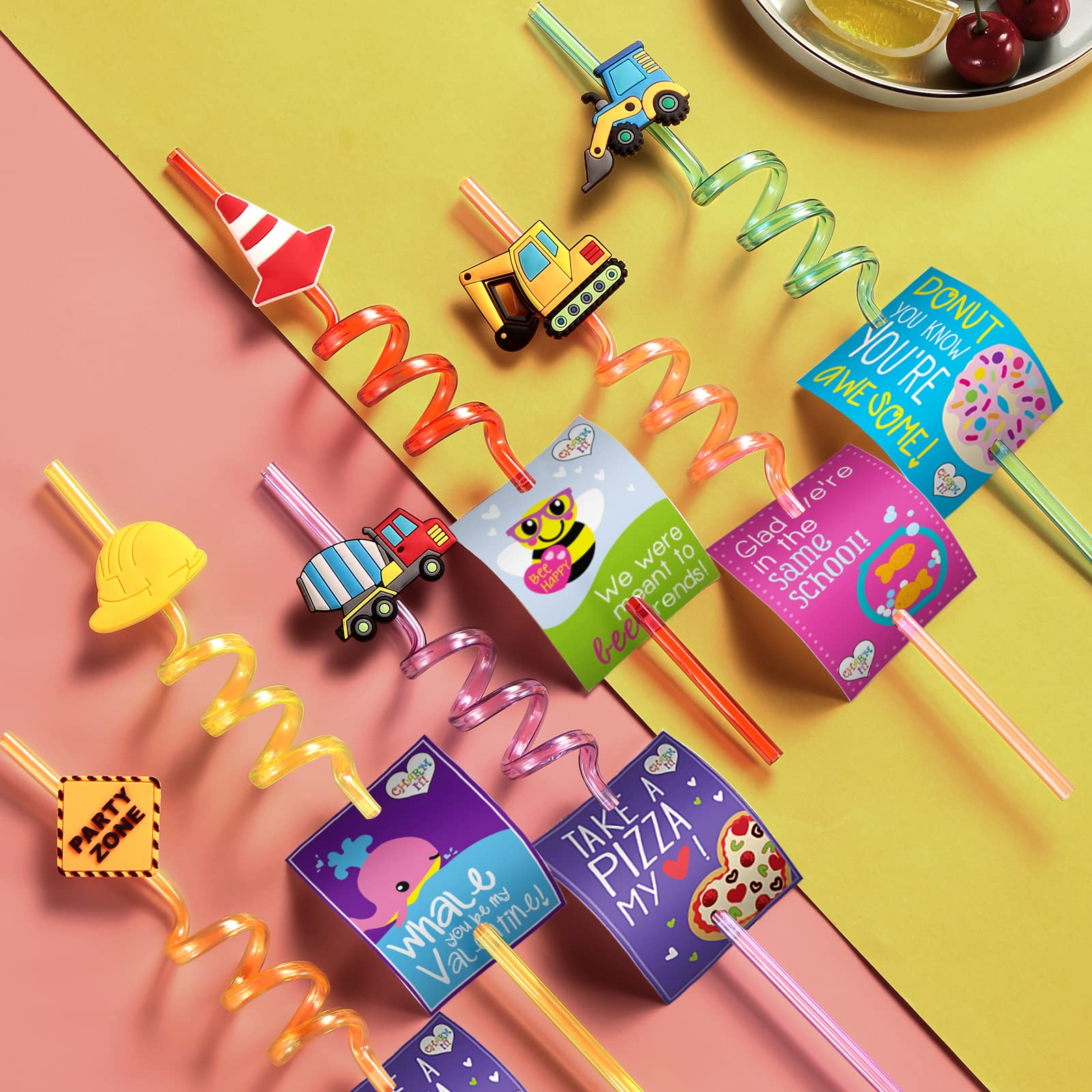 24-Pack Reusable Plastic Construction Toy Straws - Excavator, Bulldozer, Mixer Truck Set for Kids | Construction Theme Birthday Party Favors & Gifts | Includes 2 Cleaning Brushes | Perfect for Construction-Themed Parties, Classroom Rewards & STEM Learning Activities