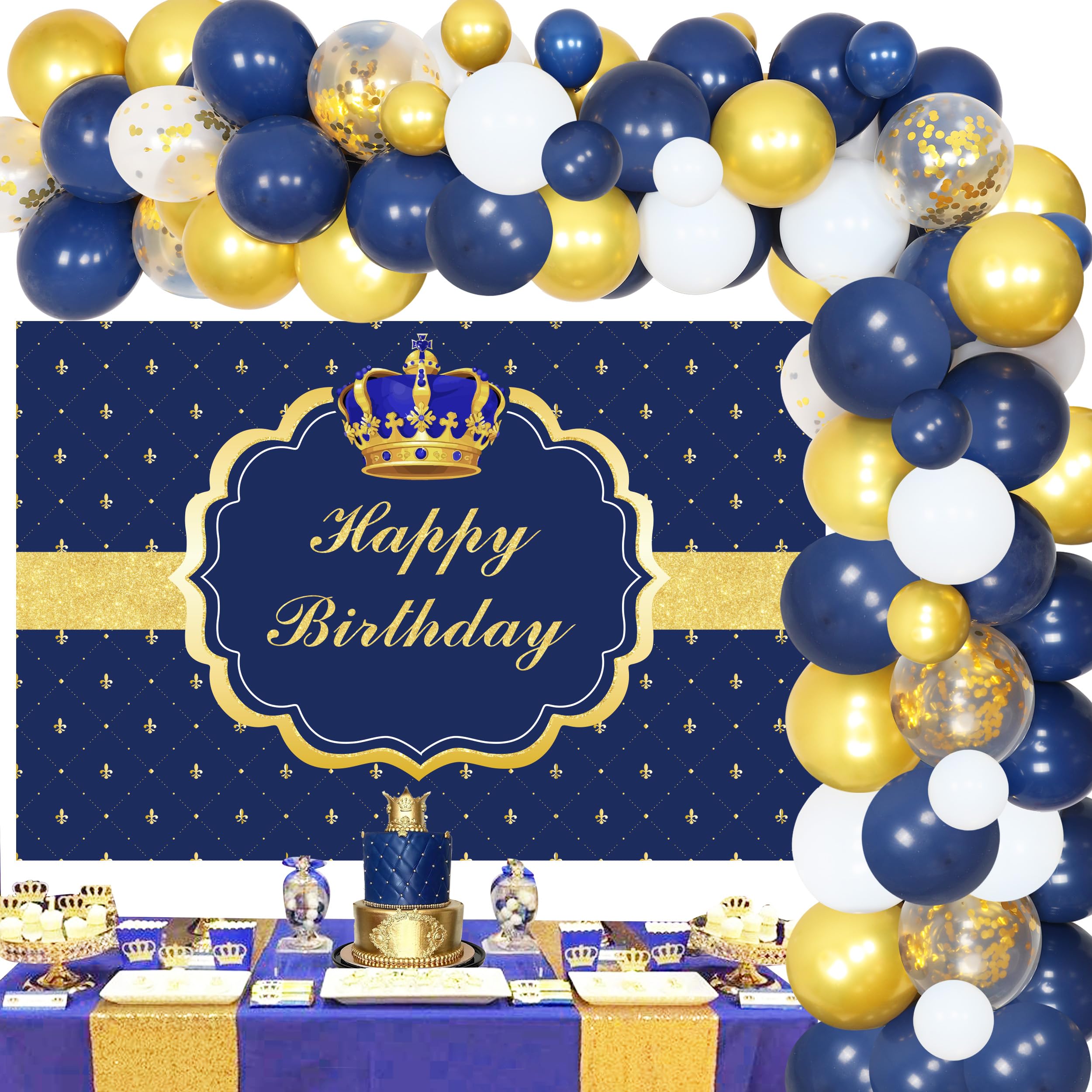 Royal Prince Birthday Decorations for Boys - Blue Balloon Garland Kit with Crown Balloons & Photography Backdrop | Perfect for Prince-Themed Birthday Parties, Baby Showers & Photo Shoots