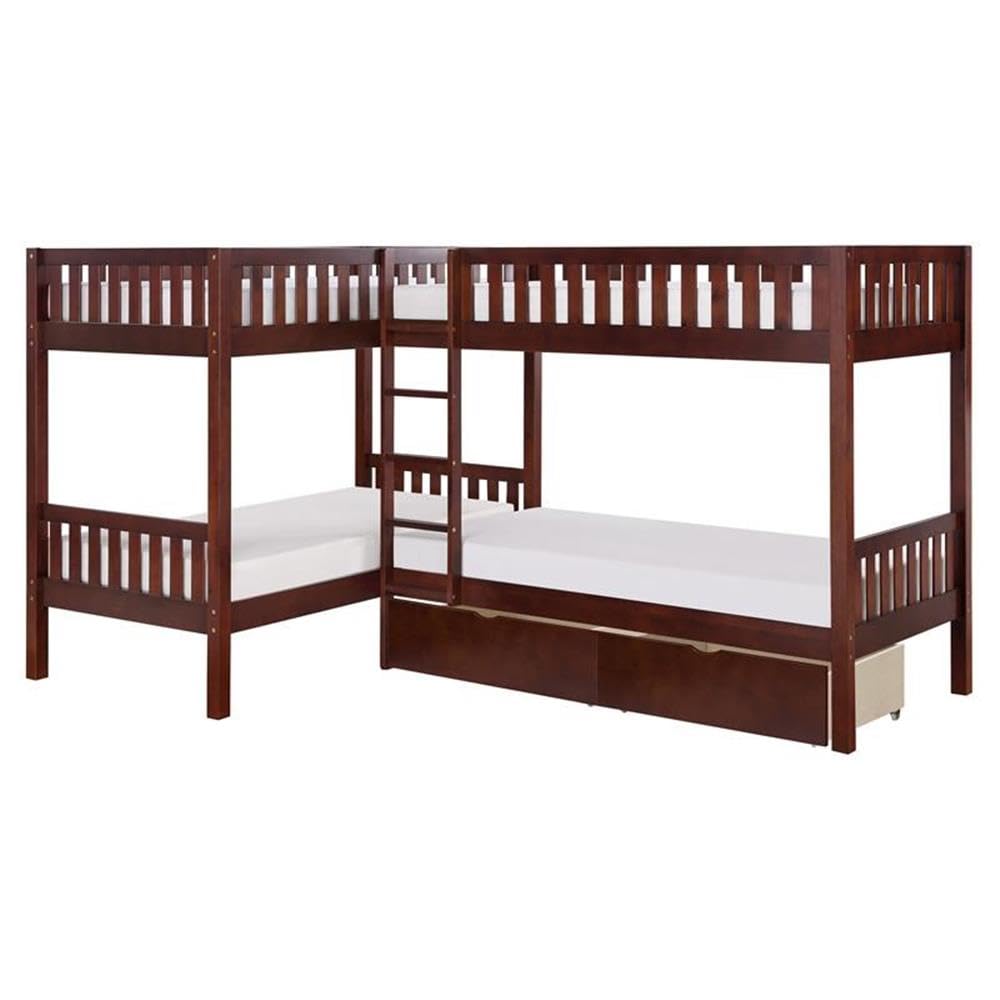 Lexicon Rowe Transitional Wood Corner Bunk Bed with Storage Boxes in Dark Cherry - Space Saving Kids Bedroom Furniture for Small Rooms & Shared Bedrooms
