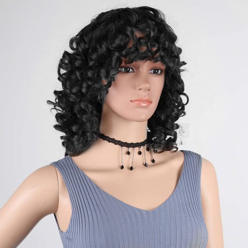 Natural Looking Short Curly Wigs for Black Women - Afro Big Curly Synthetic Wigs with Bangs | Soft Fluffy Hair for African American Women | Perfect for Daily Wear, Cosplay & Parties (Black)