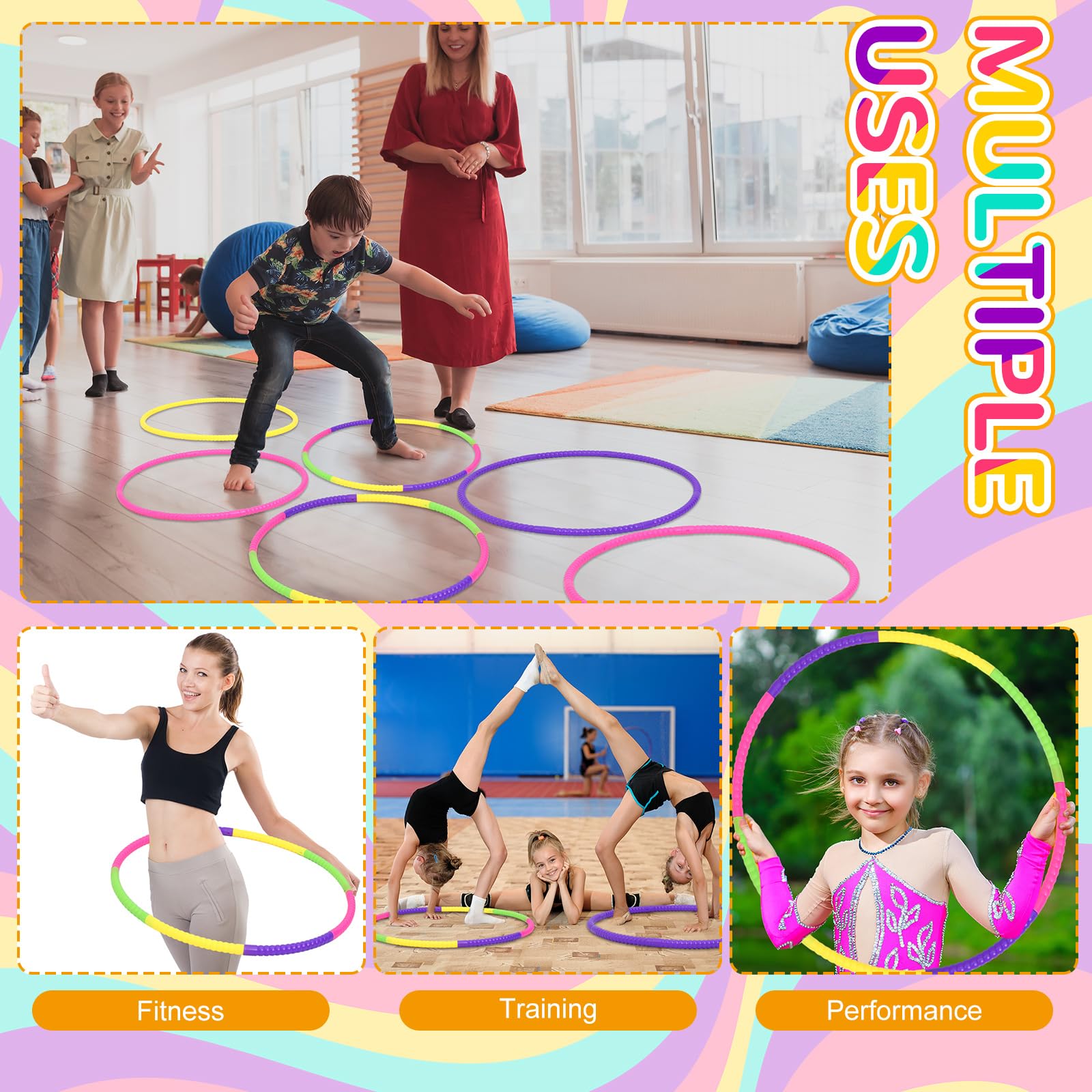 Sratte 8-Pack Adjustable Hoop Rings - Colorful Plastic Toys for Gymnastics, Dog Agility & Party Games