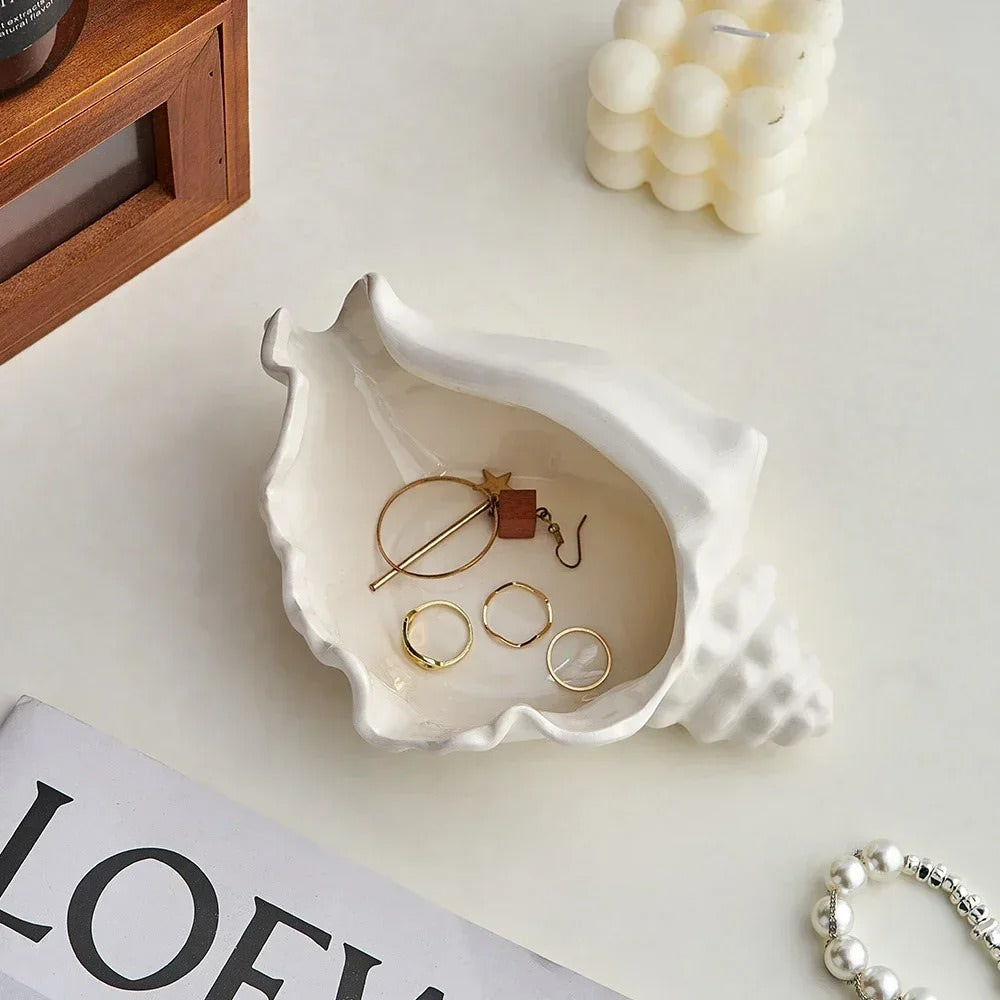 Elegant Seashell Ceramic Jewelry Tray - Perfect for Organizing Rings, Earrings & Necklaces on Dresser or Vanity | Boho Beach Decor for Bedroom & Bathroom