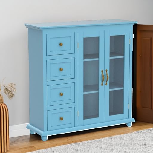 Blue Sideboard Buffet Cabinet with 4 Drawers & Glass Doors for Kitchen & Dining Room Storage