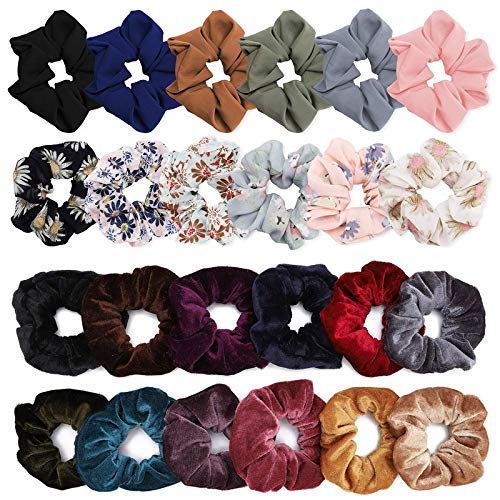 24 Pack Chiffon Flower Hair Scrunchies - Soft Velvet Hair Ties for Women, Elastic Ponytail Holders & Hair Accessories (Assorted Colors) - Perfect for Daily Wear, Workouts, and Fashion Styling