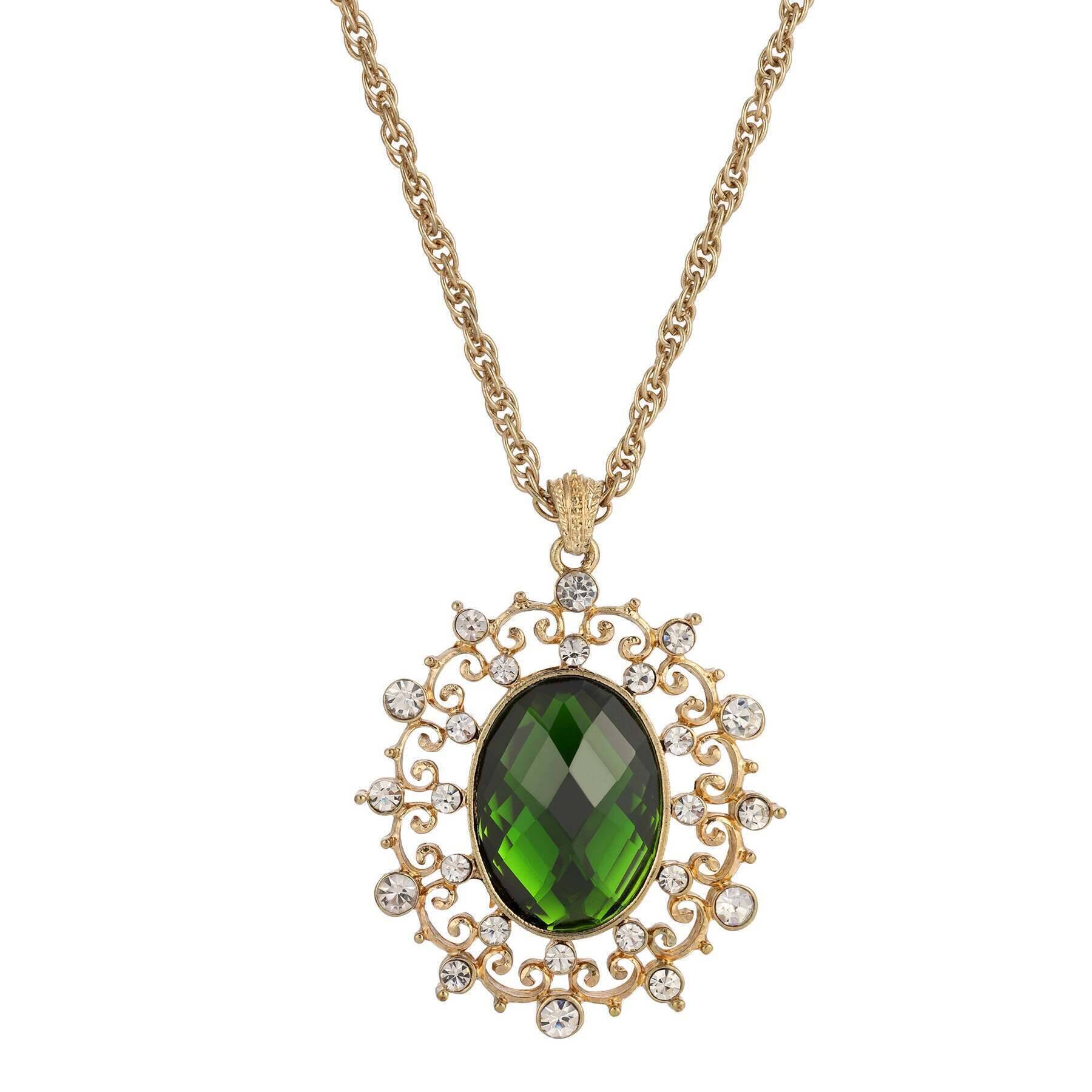1928 Jewelry Green Stone and Crystal Large Oval Pendant Necklace - 16