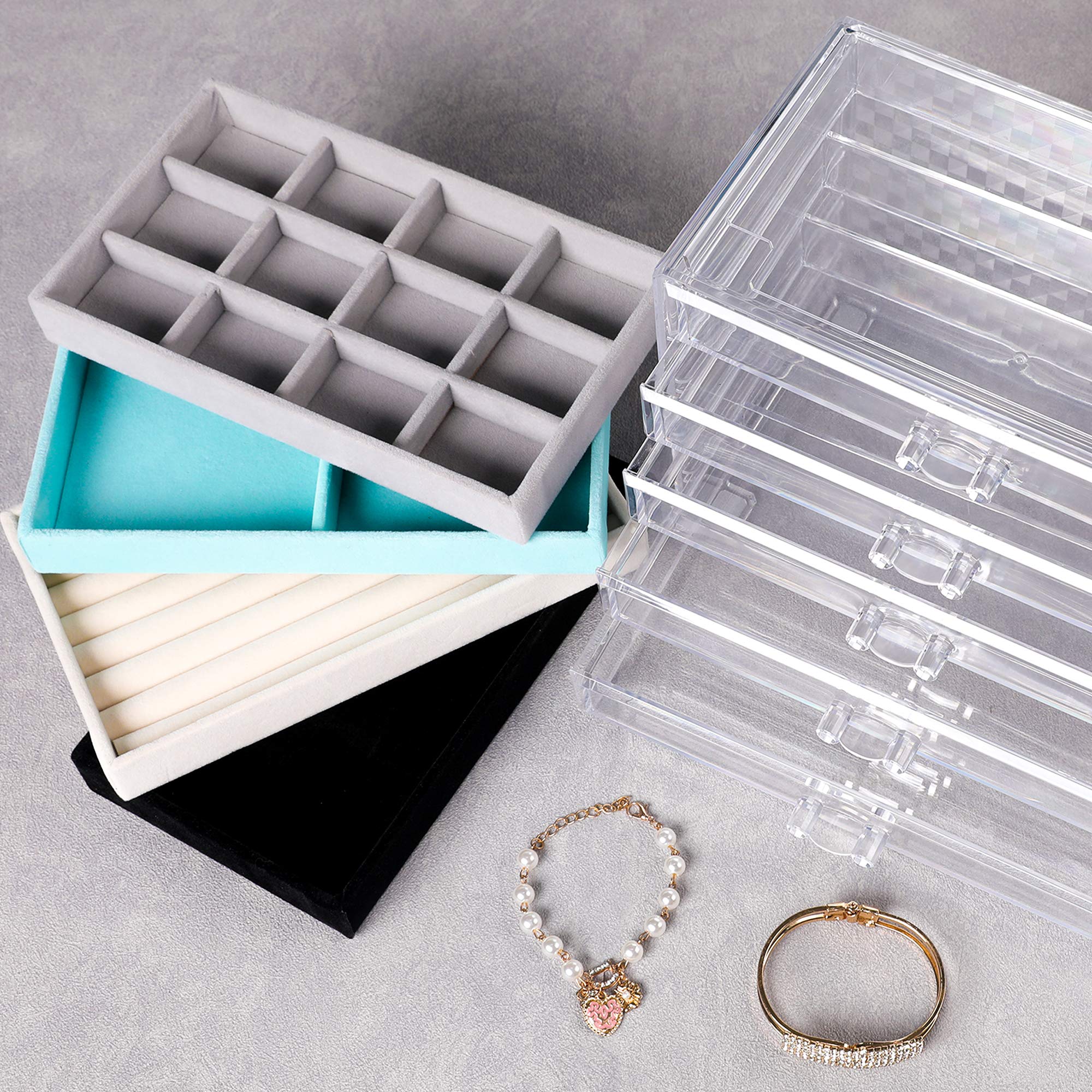 Frebeauty Extra Large 5-Layer Acrylic Jewelry Organizer Box with Drawers - Clear Velvet Display Case for Earrings, Rings, Necklaces - Perfect for Women's Jewelry Storage & Vanity Organization (Beige) | Ideal for Bedroom, Bathroom & Travel Jewelry Storage