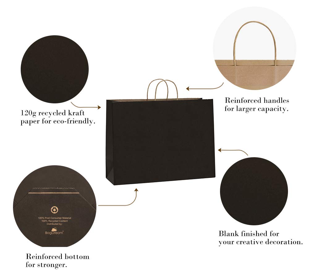 BagDream 100Pcs 16x6x12 Inches Kraft Paper Bags with Handles - Bulk Eco-Friendly Gift Bags, Shopping Bags for Grocery Store, Retail, Parties & Events | 100% Recyclable Large Black Paper Bags for Gifts, Packaging & Sustainable Shopping
