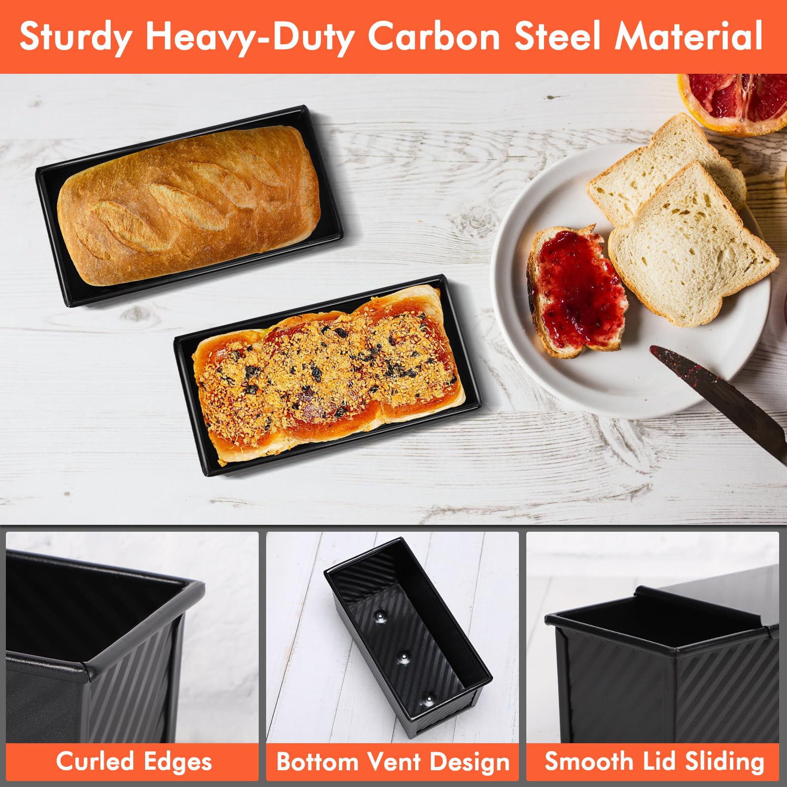 Beasea 2-Pack 0.5 lb Small Pullman Loaf Pans with Lid - Nonstick Carbon Steel Mini Bread Baking Pans for Homemade Bread, Toast, Sandwich - Perfect for Oven Baking & Meal Prep (Black)