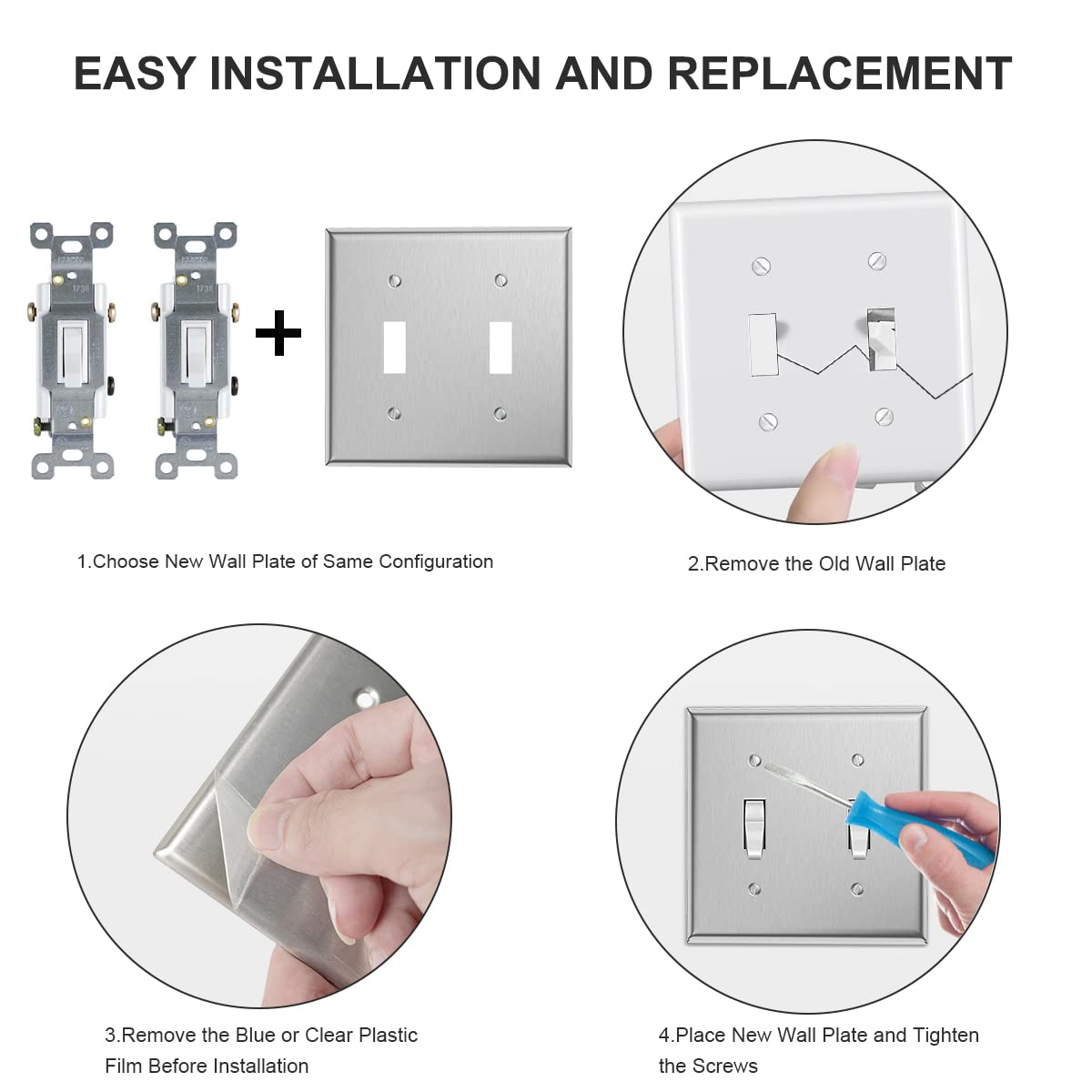 Stainless Steel Double Light Switch Cover - 2 Gang Metal Wall Plate Toggle Switch Plate Covers (4-Pack) - Perfect for Home, Office & Commercial Electrical Upgrades
