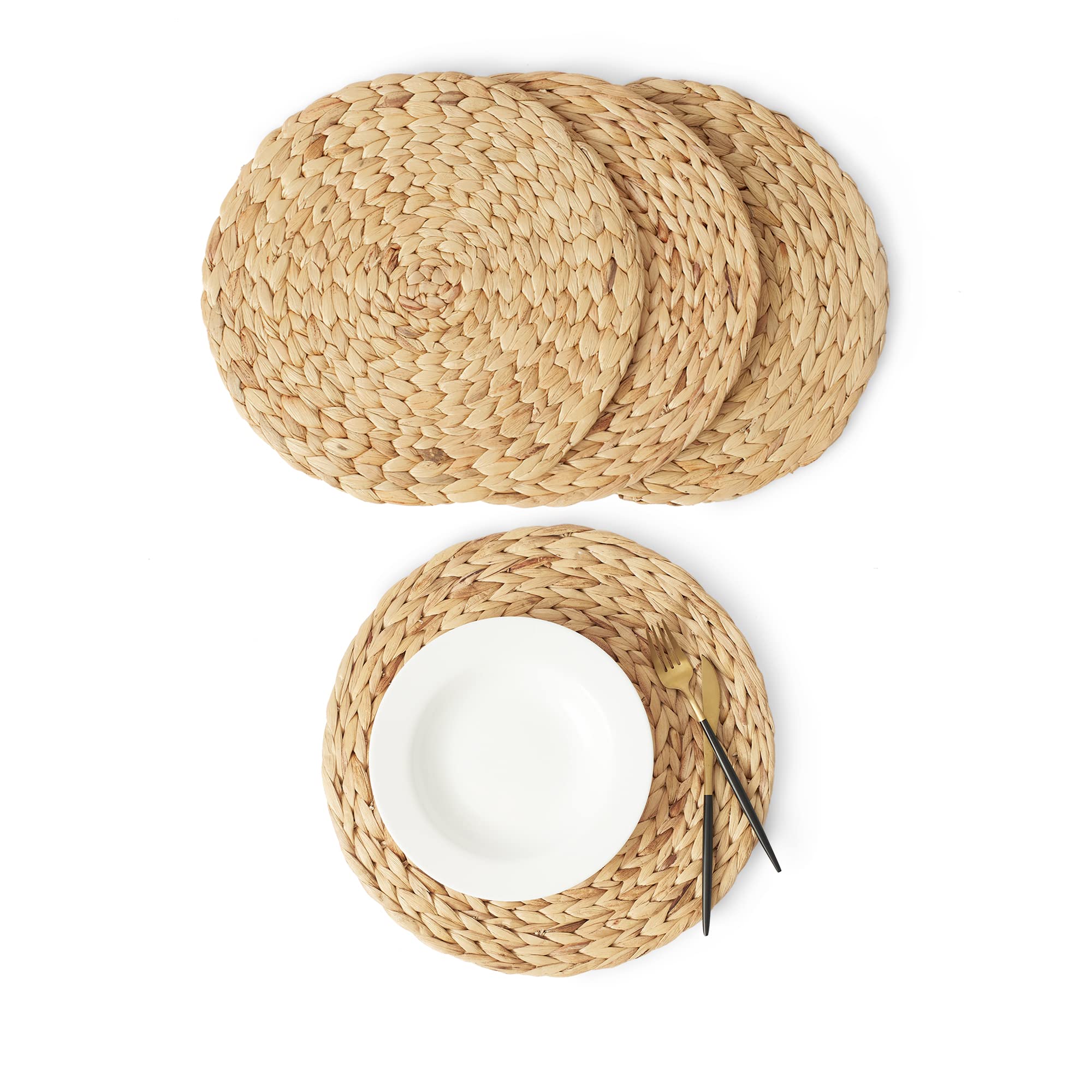 Artera Round Woven Placemats - Set of 4 Natural Wicker Place Mats, 15
