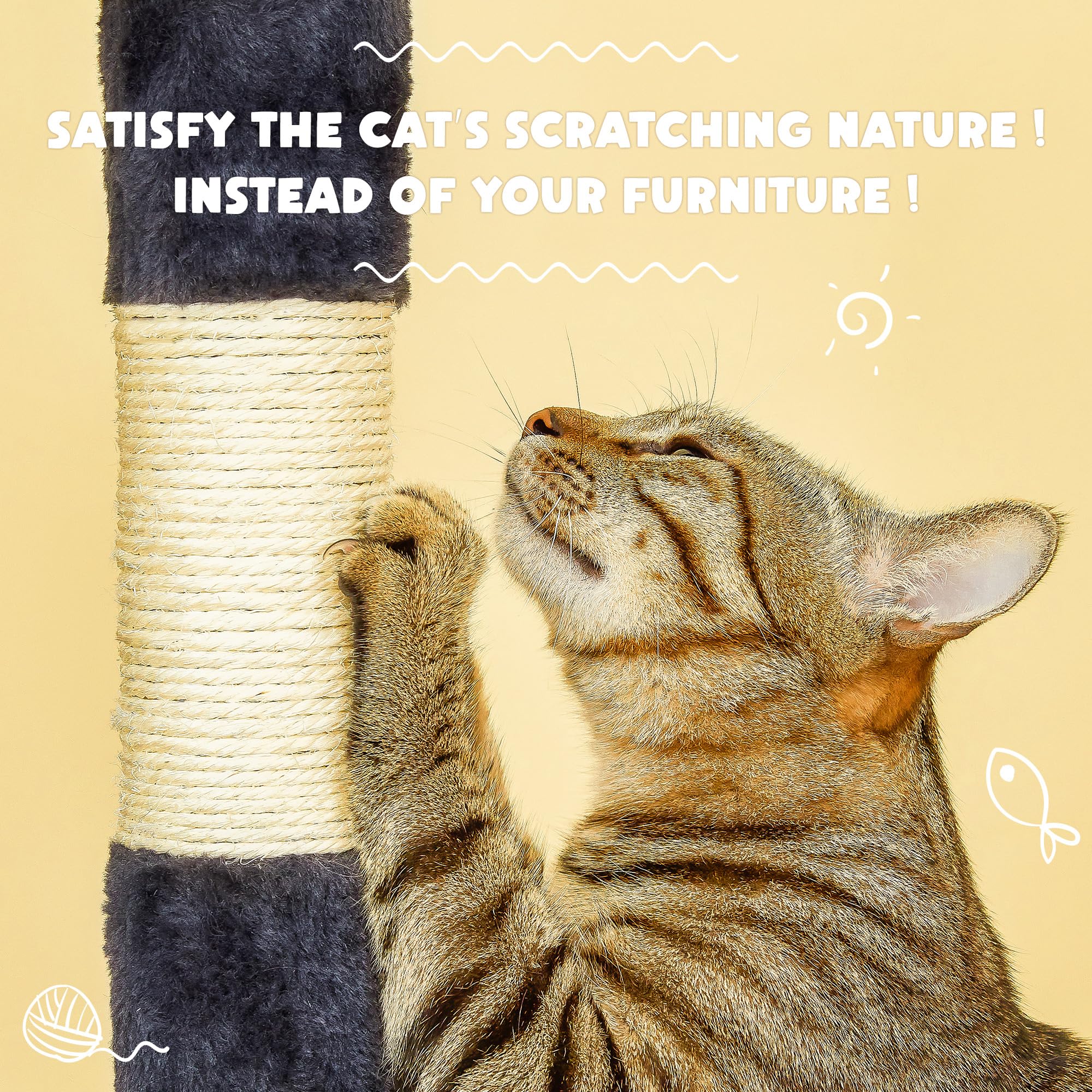 Premium Multi-Level Cat Tree for Indoor Cats - Tall Cat Tower with Condos, Sisal Scratching Posts & Hammock | Dangling Toys & Top Perch for Large Cats & Kittens | Smoky Grey | Perfect for Play, Rest & Climbing in Home or Apartment