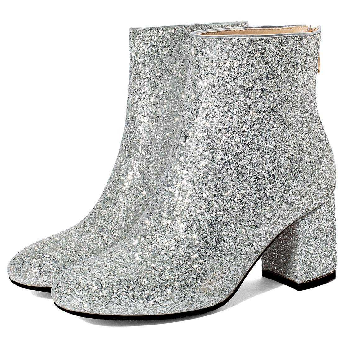 MAVMAX Women's Glitter Ankle Boots - Sequin High Heel Chunky Booties for Wedding, Party & Evening Events | Comfortable Dress Shoes for Women