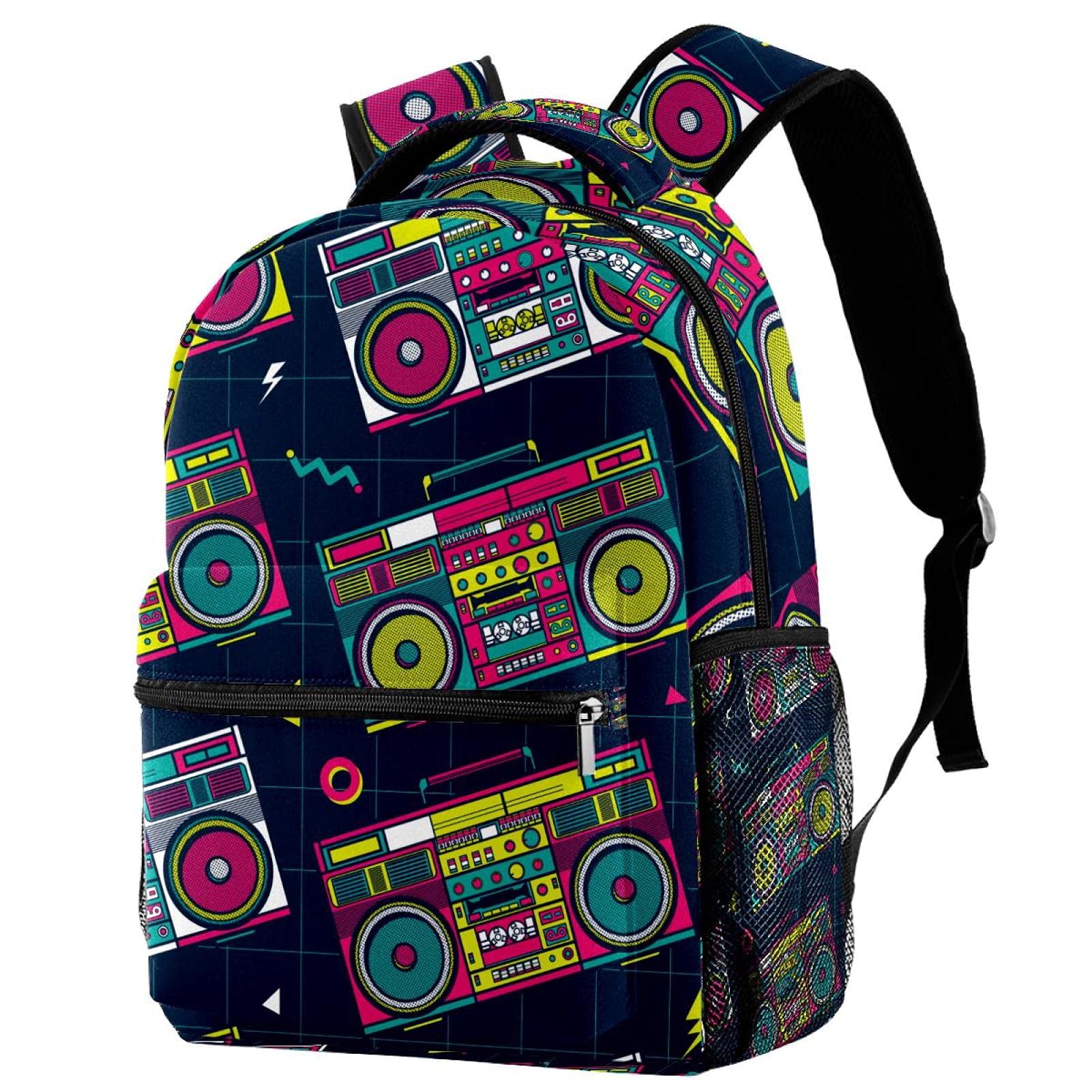 Vintage 80s Retro Pop Radio Print Backpack - Stylish Shoulder Bag for Students, College, Travel & School - Perfect for Daily Commute, Campus Life & Weekend Getaways