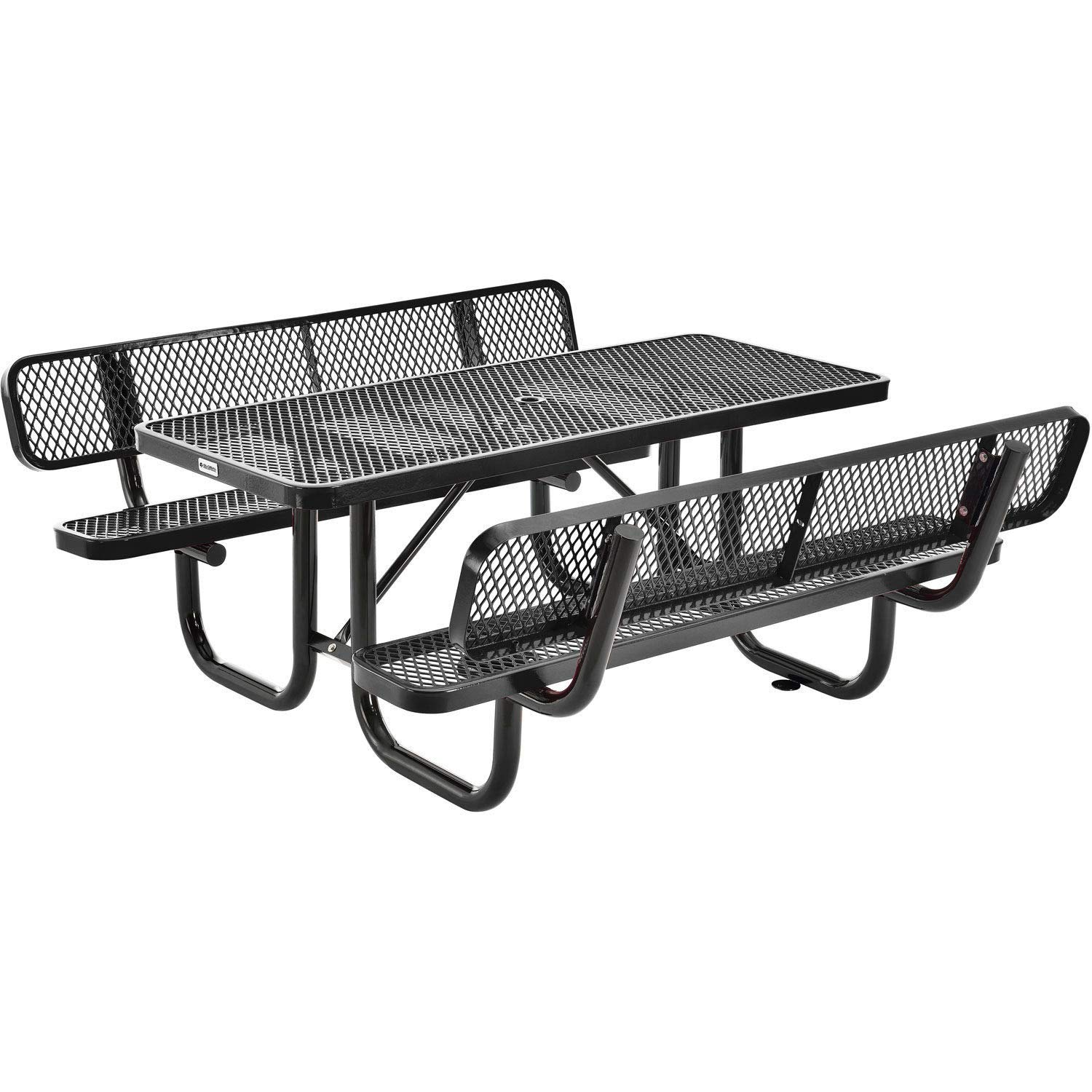 6ft Black Outdoor Expanded Metal Picnic Table with Backrests - Heavy Duty Rectangular Commercial Grade for Parks, Camping & Backyard Gatherings
