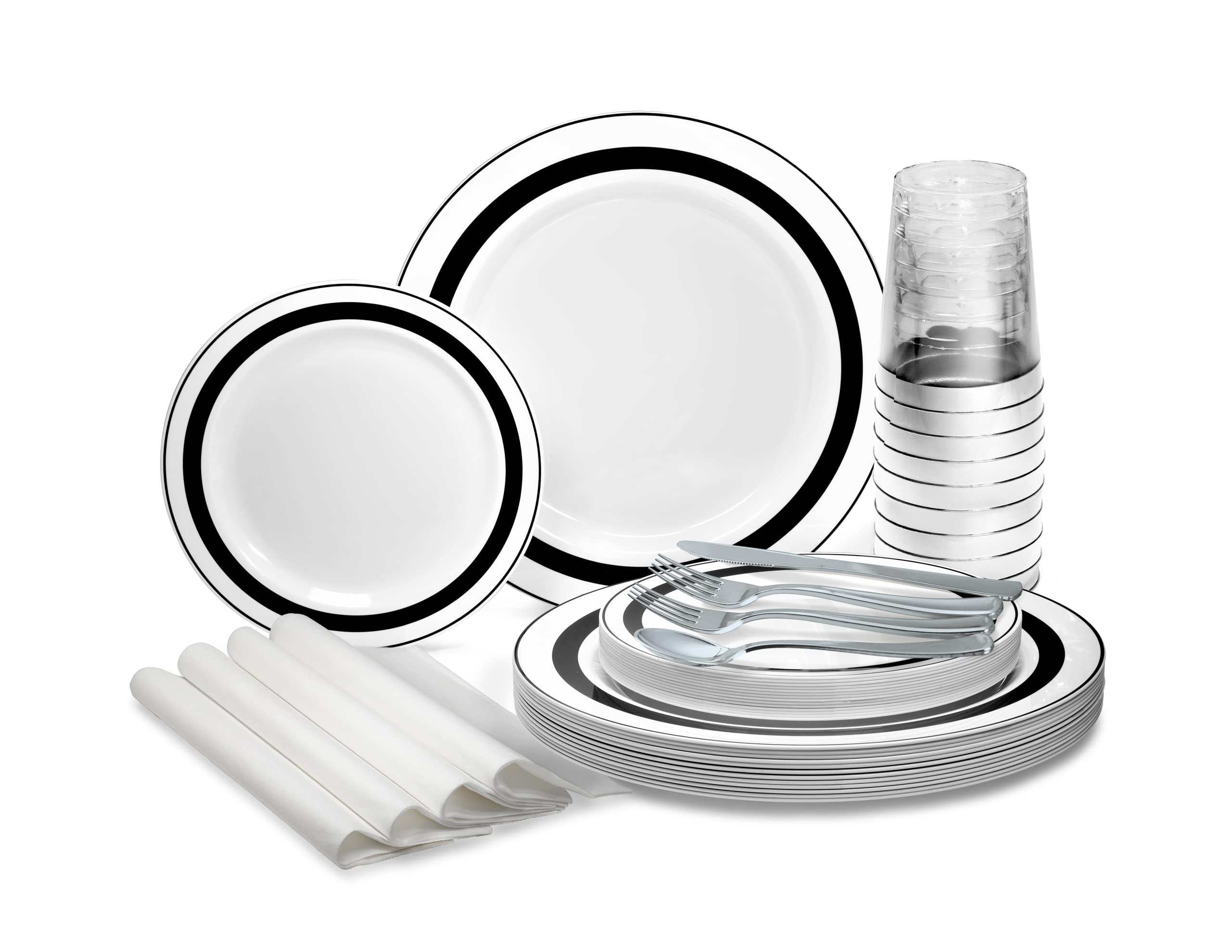 640-Piece Heavyweight Disposable Plastic Plate Set for Weddings & Parties - 80 x 10.5'' & 80 x 7.5'' Plates, Silverware, Cups & Linen-Like Napkins (Soleil White & Black) - Perfect for Large Gatherings, Catering Events & Special Occasions