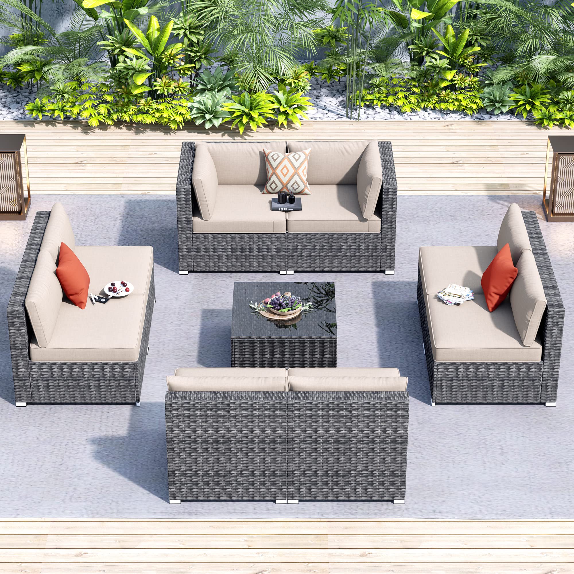 HOOOWOOO 9-Piece Outdoor Patio Furniture Set - Weather-Resistant Wicker Sectional Couch with Coffee Table, Modern Modular Corner Sofa for Backyard, Garden, Poolside (Beige Tan) | Perfect for Entertaining Guests & Relaxing Outdoors