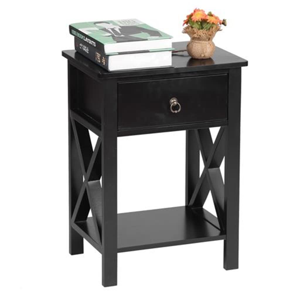 Modern Wooden End Table with Drawer & Storage Shelf - Nightstand, Sofa Side Table for Living Room & Bedroom - Black - Perfect for Small Spaces, Coffee Table Companion, Bedside Storage Solution
