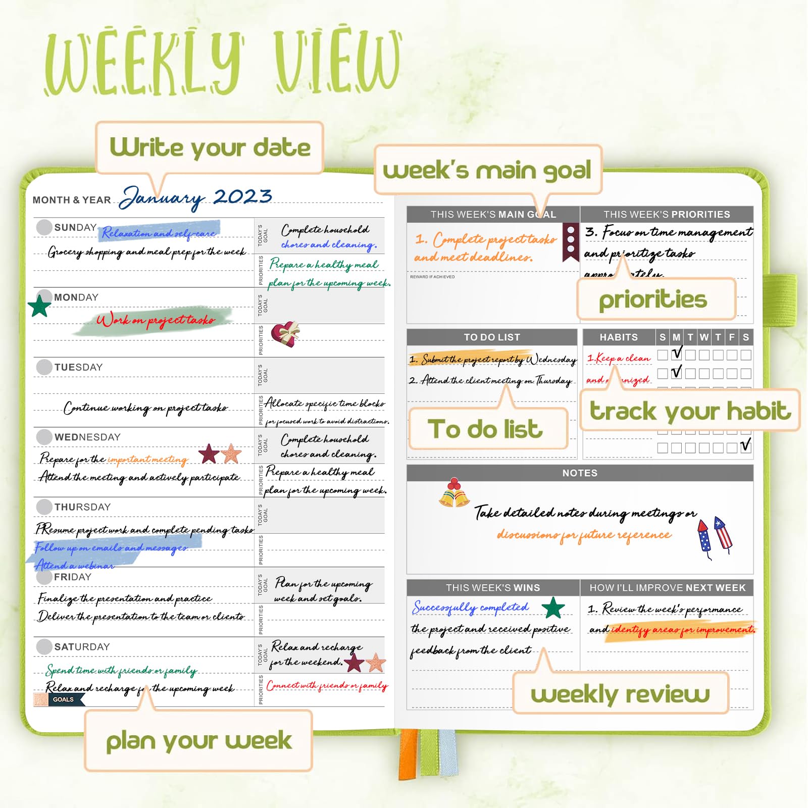 JUBTIC Undated Planner 2025 - Weekly & Monthly Productivity Planner with Stickers, Appointment Book for Time Management, Goal Setting & Work Organization (Light Green) | Perfect for Students, Professionals & Busy Moms
