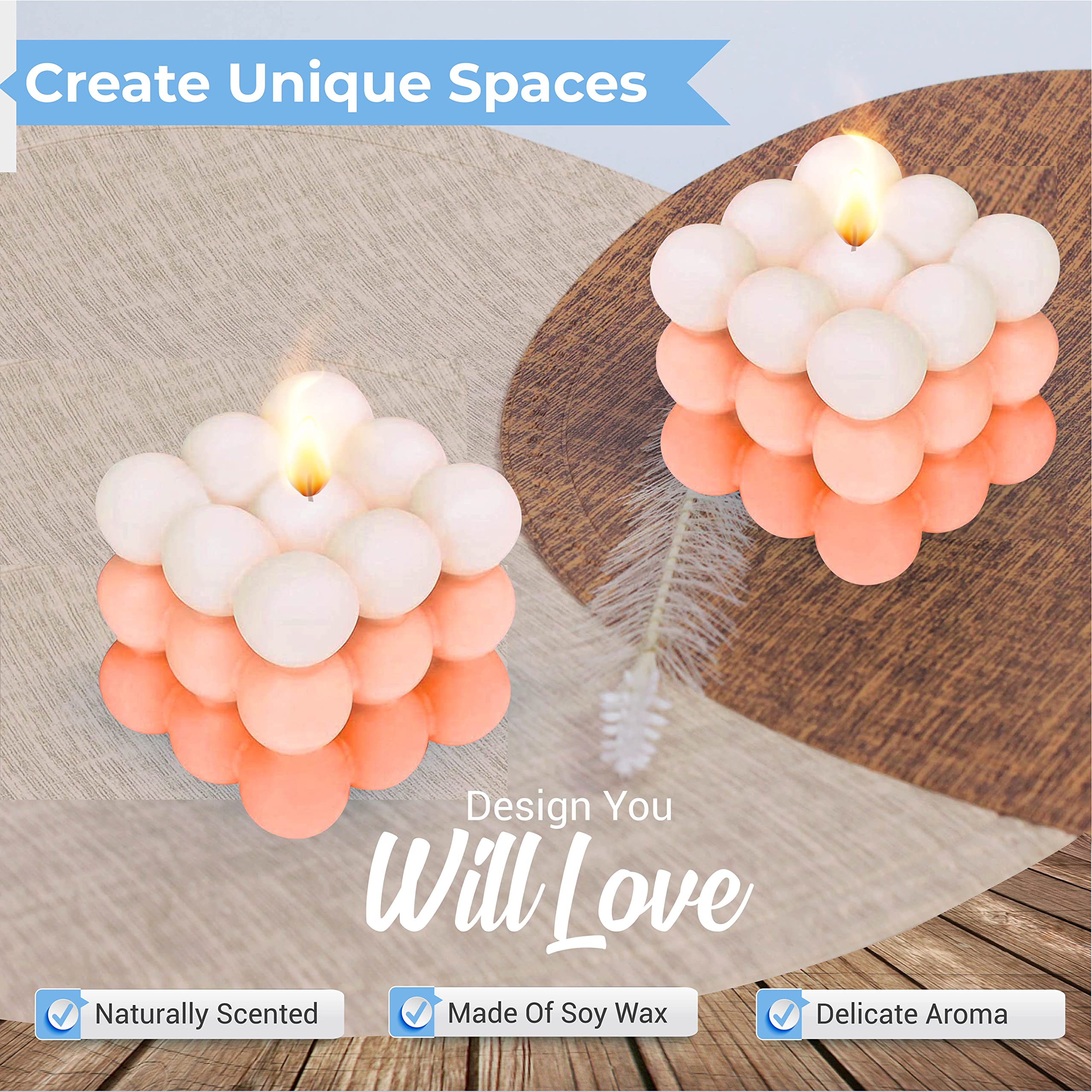 2 Pack Handmade Gradient Light Orange Bubble Soy Candles - Aesthetic Cube Candles for Home Decor, Bedroom, Bathroom & Relaxation | Perfect for Romantic Dinners, Spa Nights & Cozy Ambiance