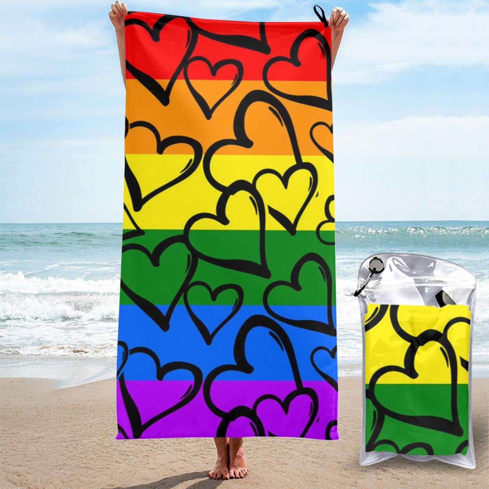 Quick Dry Microfiber Beach Towel - Rainbow Pride Pattern, Sand-Free & Lightweight for Pool, Swimming, Gym & Travel - Includes Convenient Pocket - Perfect Gift for Men & Women