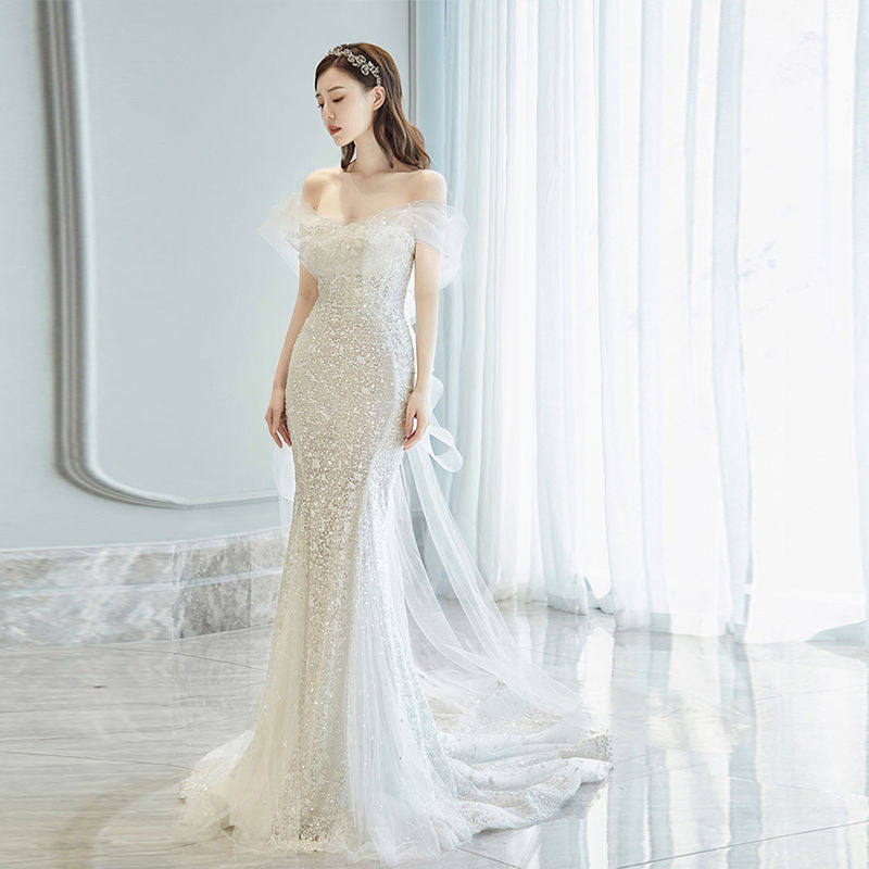 Elegant Mermaid Sequins Wedding Dress - Off Shoulder Long Evening Gown with Train for Bride - Perfect for Beach, Church, and Formal Wedding Ceremonies