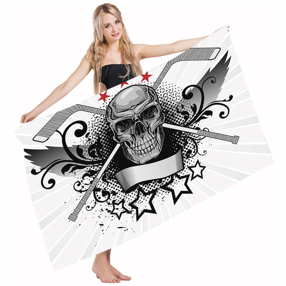 Premium Quick-Drying Bath & Beach Towel - 32x64 Inches Cotton Polyester Blend for Home, Bathroom, Pool, Gym & Outdoor Activities | Hockey Skull Stars Design in Black, White & Pale Grey | Soft, Absorbent & Lightweight for Swimming, Yoga & Travel