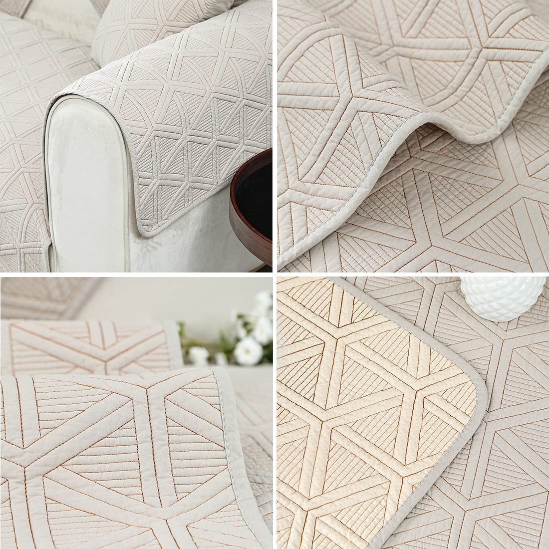 Geometric Embroidery Couch Cover - Cotton Quilted Non-Slip Sofa Slipcover with Triangle Pattern (Light Gray, 36