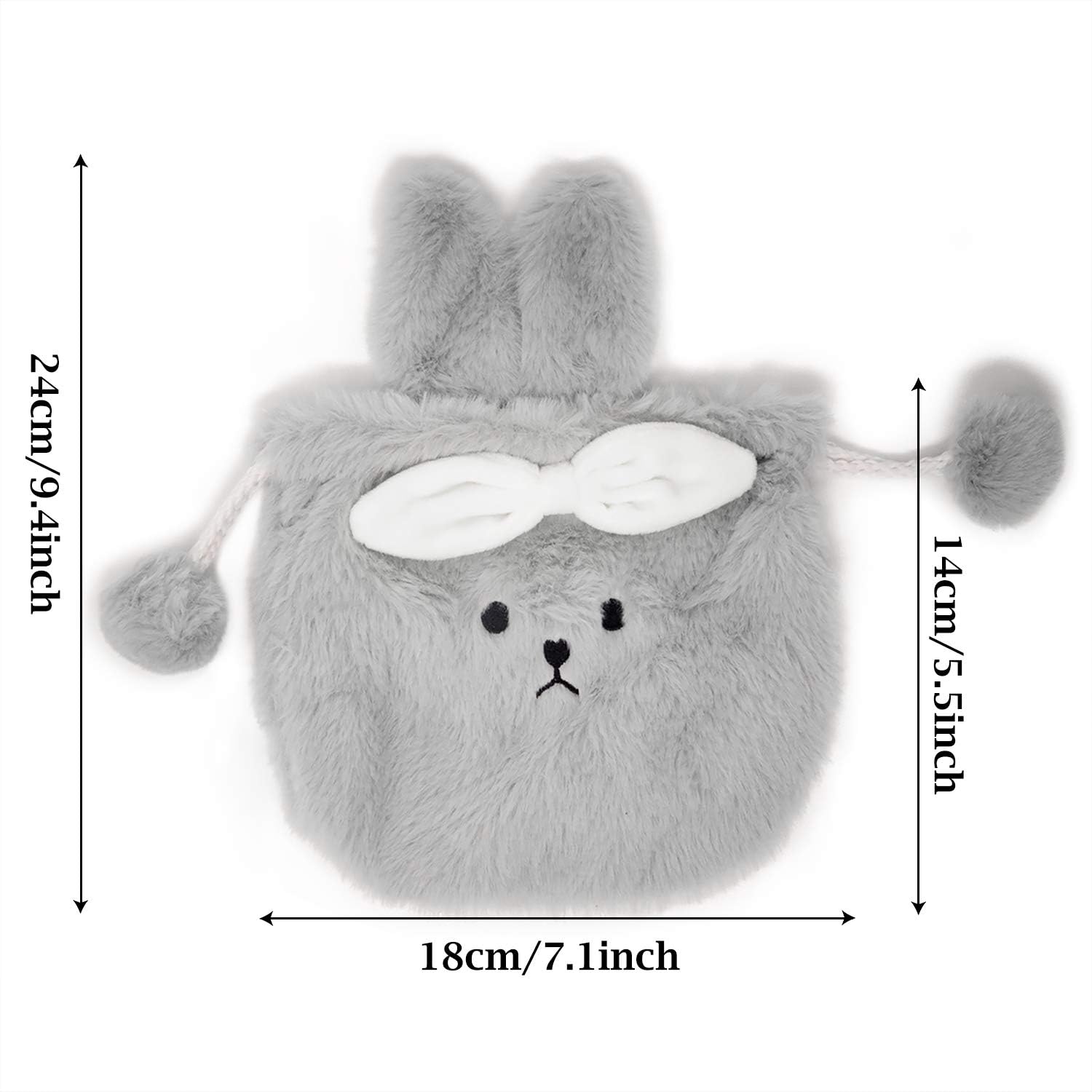 Honbay Cute Fluffy Rabbit Drawstring Pouch - Multi-Purpose Storage Bag for Cosmetics, Jewelry, Dice & Gifts - Soft Grey Rabbit Ear Design - Perfect for Travel, Parties & Everyday Use