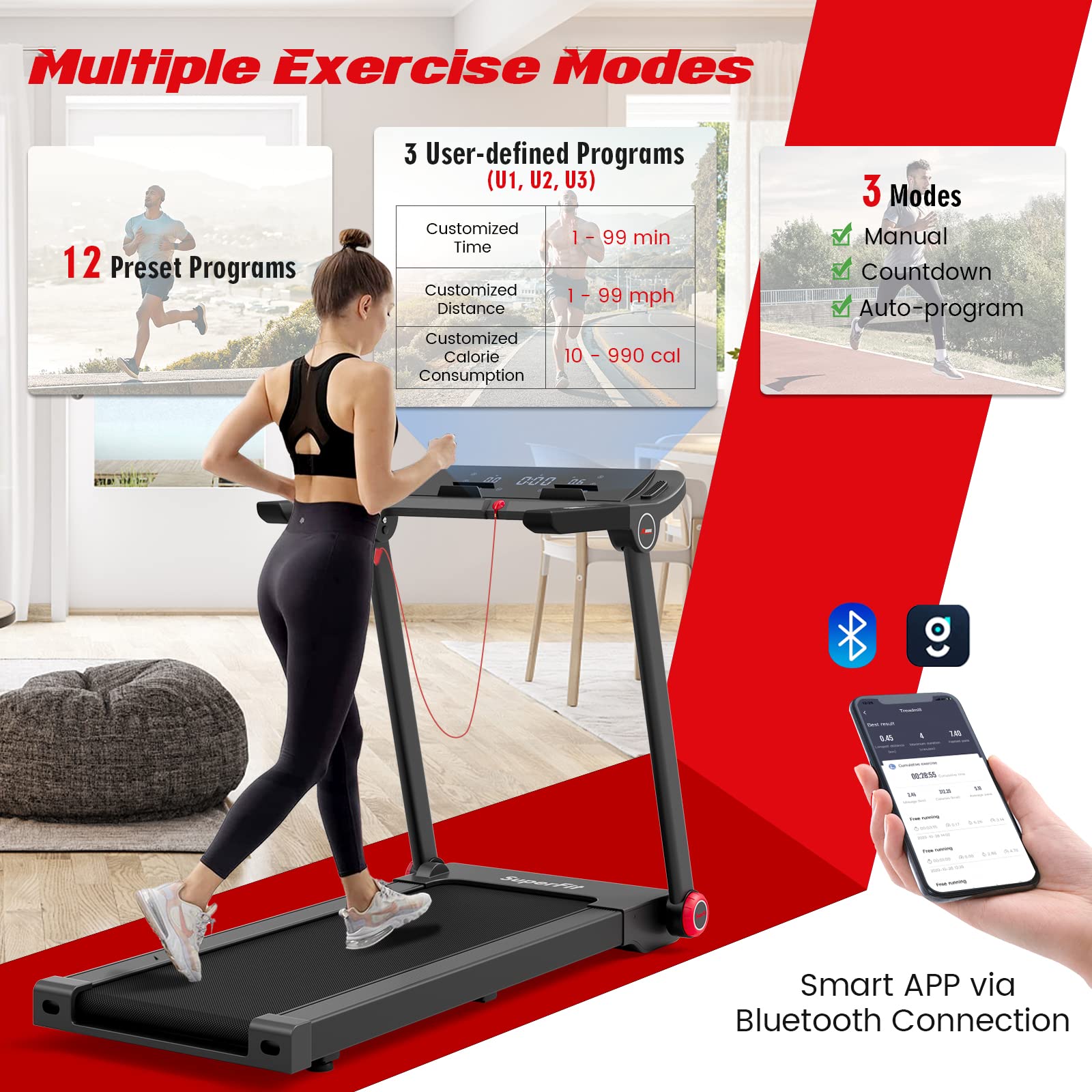 GYMAX 3.75HP Folding Treadmill - Electric Running Machine with 12 Preset Programs, Smart App Control, LCD Display & Phone Holder - Compact Foldable Treadmill for Home Gym, Small Spaces & Apartment Workouts