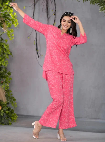 Stylish Pink Leafy Print Matching Co-Ord Set for Women | Trendy Lounge & Summer Outfit | Perfect for Casual Wear, Beach Vacation, and Instagram Fashion