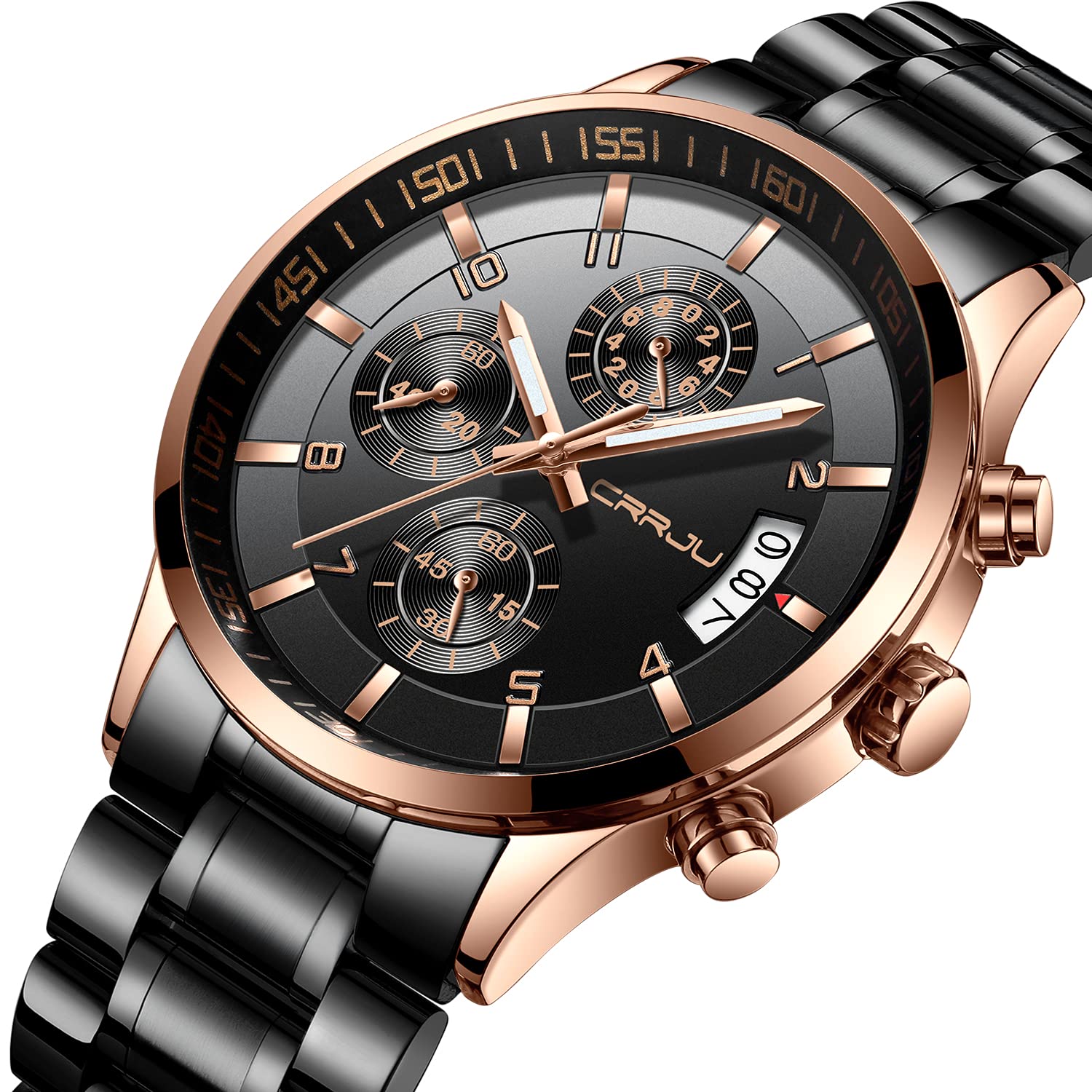 CRRJU Men's Stainless Steel Chronograph Watch with Date Display - Waterproof Fashion Wristwatch for Business, Casual & Outdoor Activities - Durable Metal Band for Daily Wear