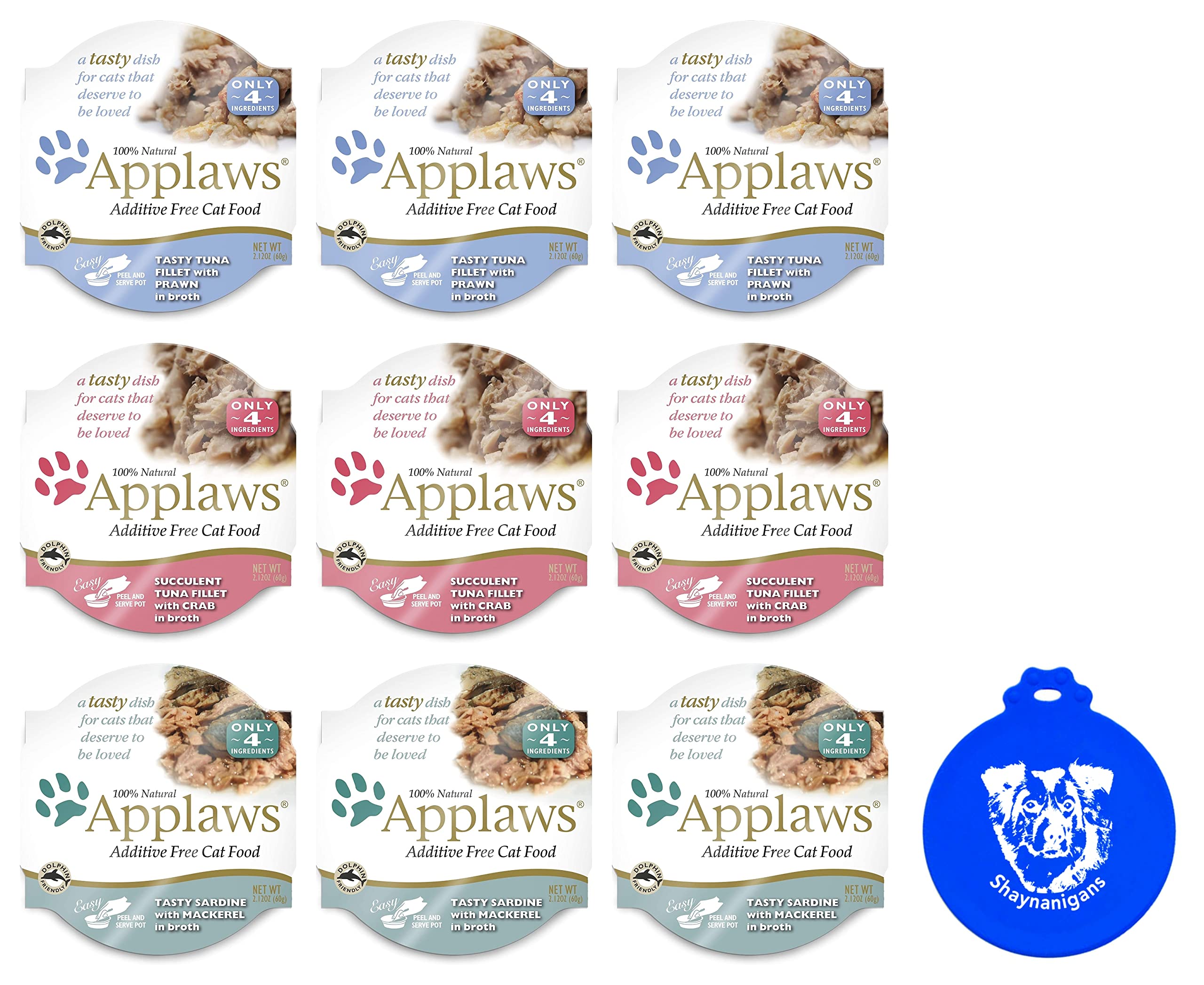 Applaws Peel & Serve Wet Cat Food Variety Pack - 9 Packs of 2.12oz Broth-Based Cat Food with Sardine & Mackerel, Tuna & Crab, Tuna & Shrimp Flavors + Free Silicone Lids - Perfect for Picky Eaters & Hydration Boost