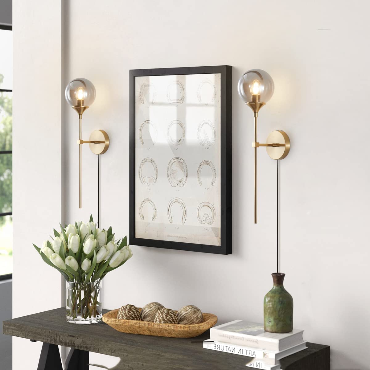 Mid Century Smoke Glass Bathroom Wall Light Plug-in Set of 2 - Brushed Brass Gold Long Globe Wall Sconce Lighting - Industrial Wall Lamp for Bedroom, Hallway, or Living Room (Smoke Gray, Plug-in Cord)