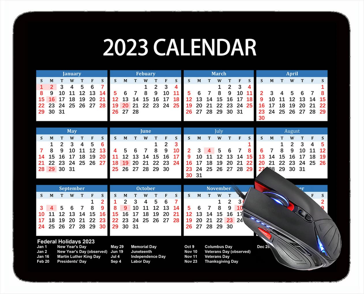 2023 HD Font Calendar Mouse Pad - Non-Slip Personalized Gaming Mouse Mat with Stitched Edges, Black Rectangular Design for Office & Home Computer Setup