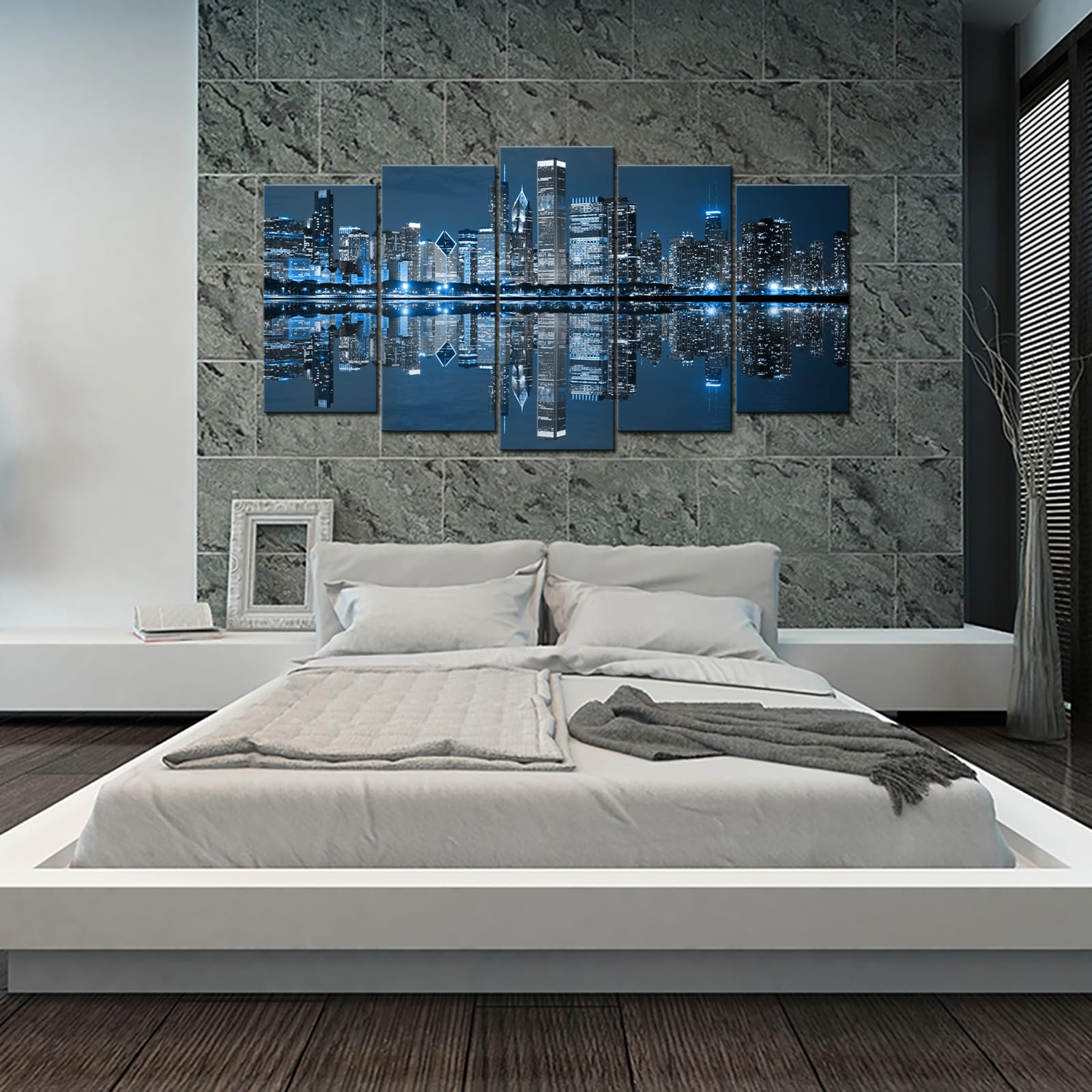 LevvArts Chicago Skyline Canvas Wall Art - Blue City Night Painting for Office & Living Room Decor - Large Size - Perfect for Home, Office & Gift Giving