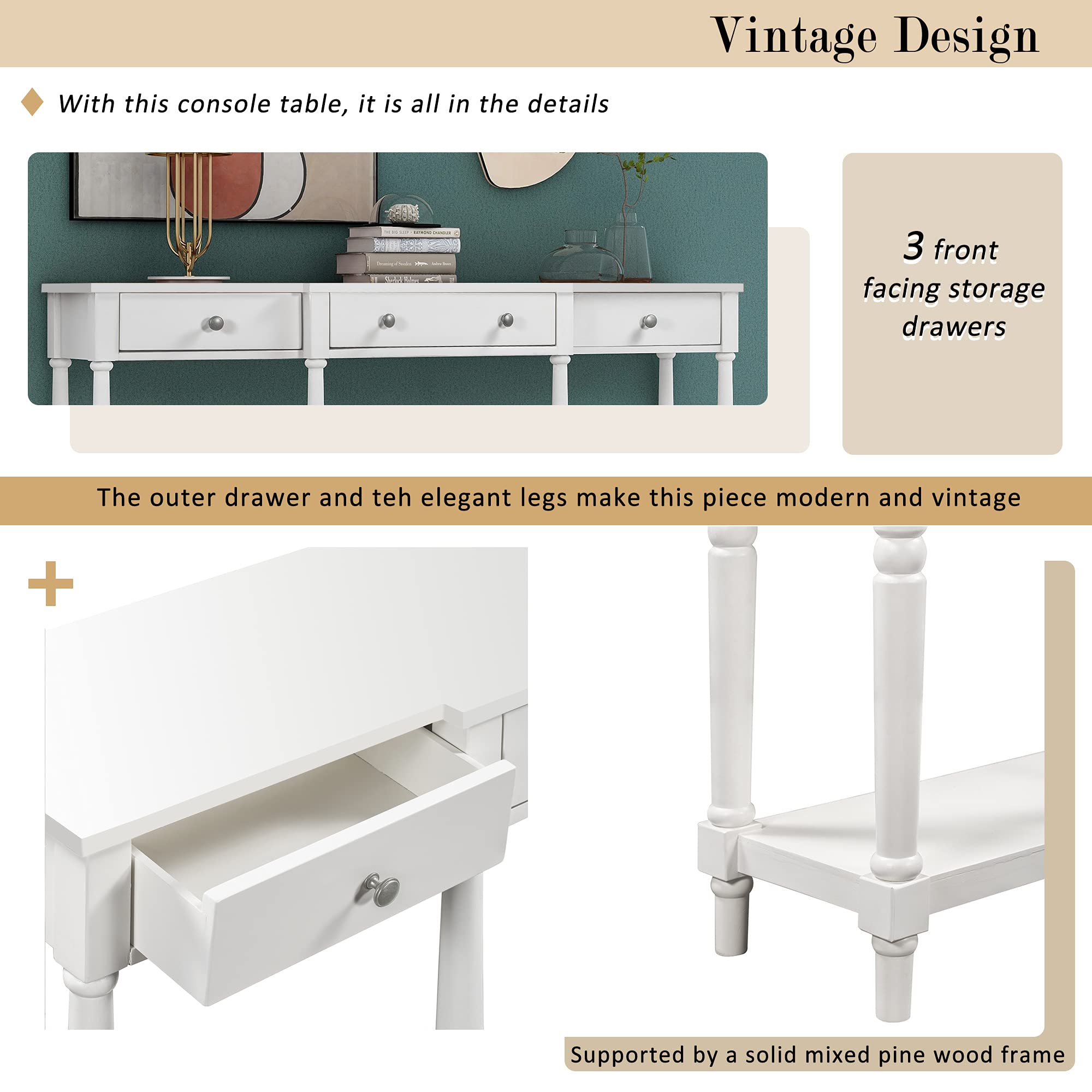 Solid Wood Console Table Sofa Table - Classic Entryway Table with Storage Shelf & Drawer - Narrow Accent Table Furniture for Living Room, Hallway, Bedroom (White)