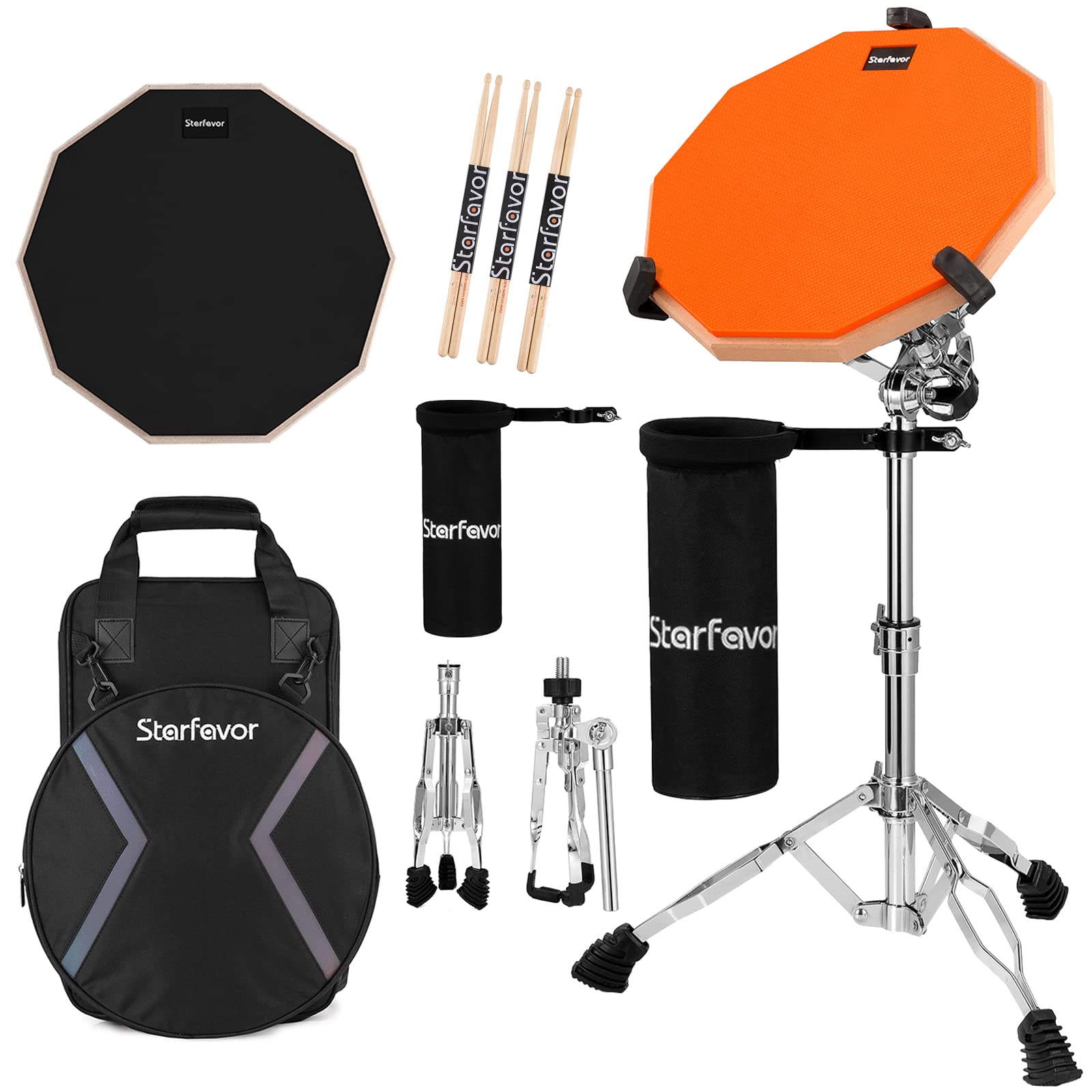 Starfavor Drum Practice Pad with Snare Stand & Adjustable Drum Throne Set - Includes 5A Drumsticks for Home Practice, Studio Sessions & Live Performances