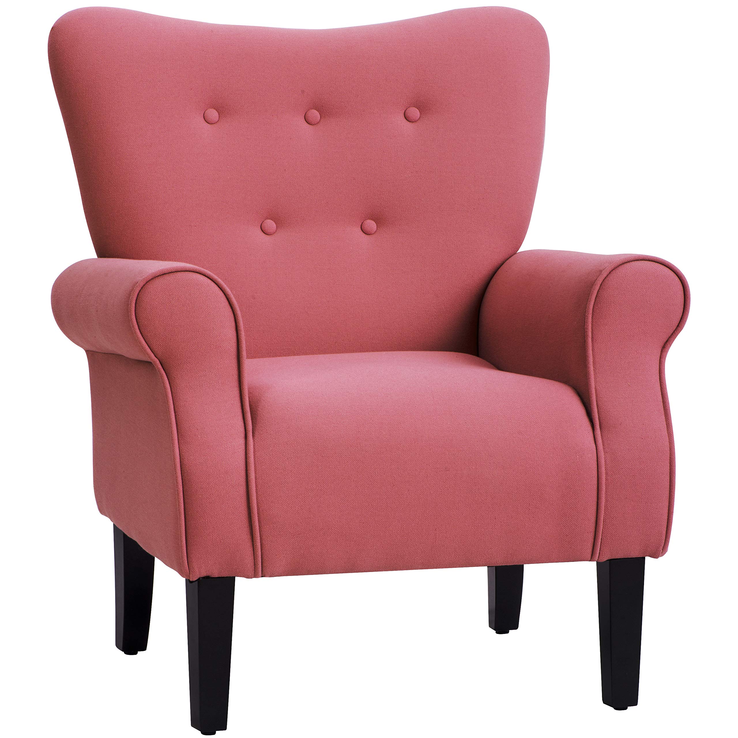 Linen Fabric Button Tufted Wingback Accent Chair with Thick Padded Cushioned Seats & Solid Wood Legs - Brick Red - Perfect for Living Room, Bedroom or Office Decor