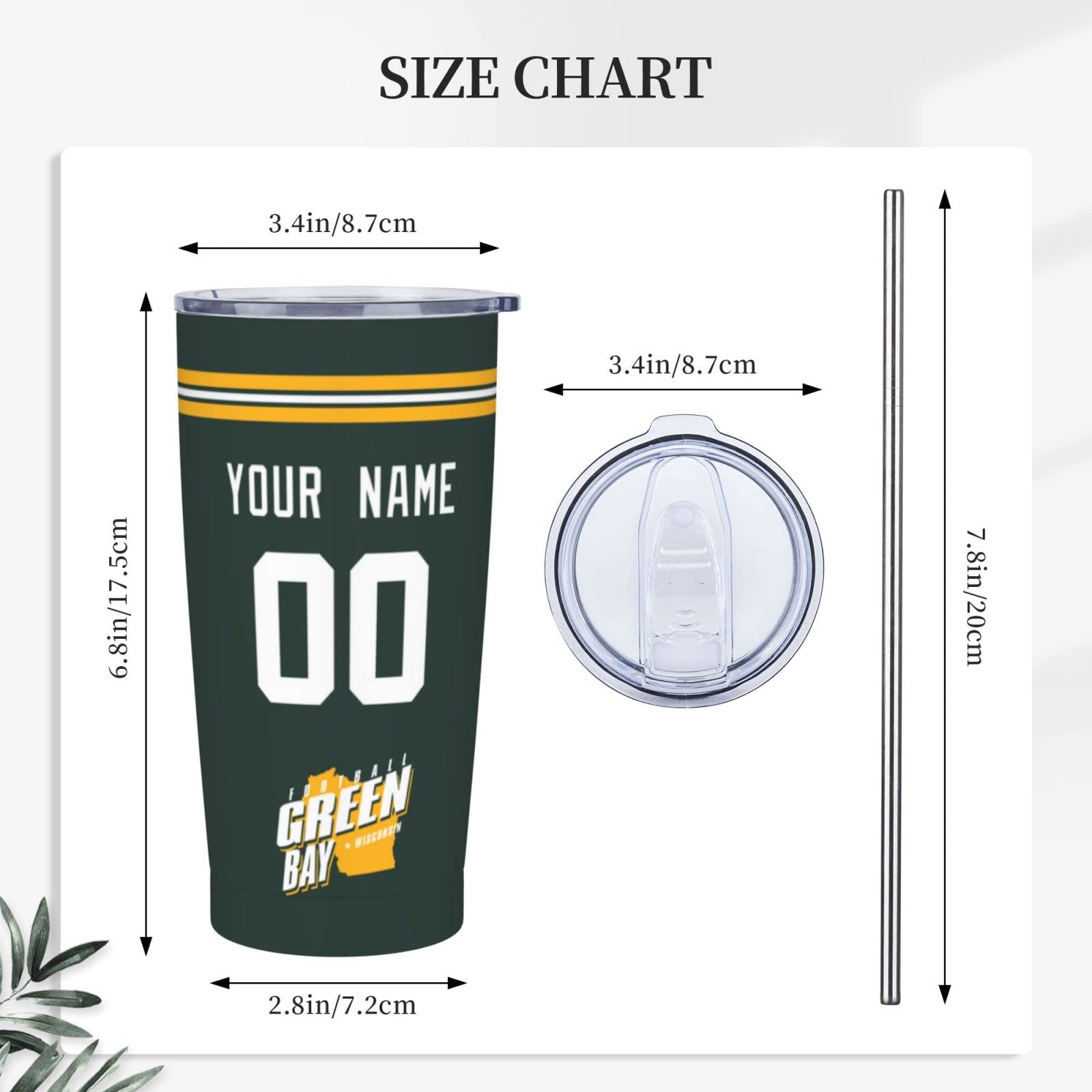 Customized 20 oz Green Bay Cup Insulated Tumbler with Straw - Personalized Name & Number - Leakproof Travel Mug for Coffee, Tea & Cold Drinks - Perfect Gift for Men, Dad, Husband - Great for Office, Gym, Camping & Outdoor Activities