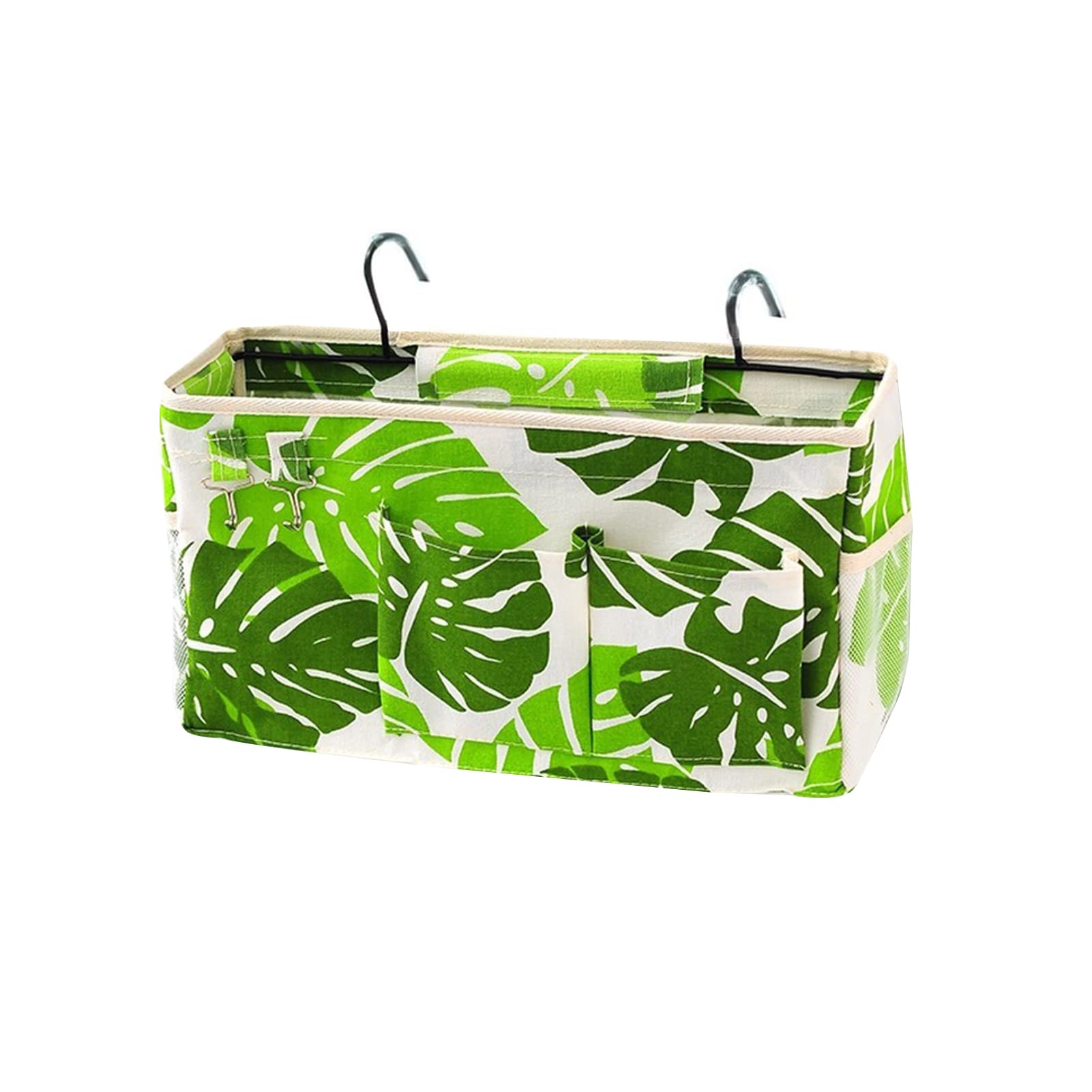 Dorm Bedside Caddy with Metal Hooks - Hanging Storage Organizer Pocket Bag & Shelf Baskets for College Dorm Room - Perfect for Storing Books, Phone, Glasses & Essentials (Green Leaves Design)