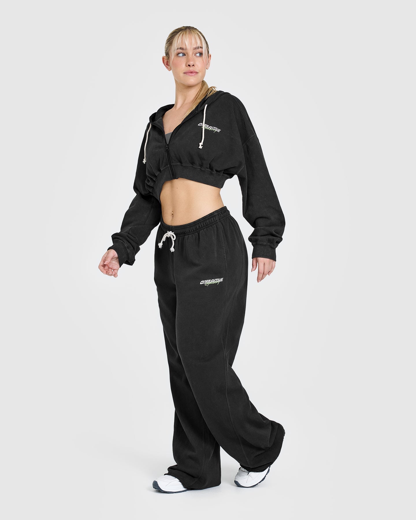 Raw Lounge Wide Leg Joggers with Graphic Print | Washed Black | Women's Casual Pants for Yoga, Travel & Loungewear