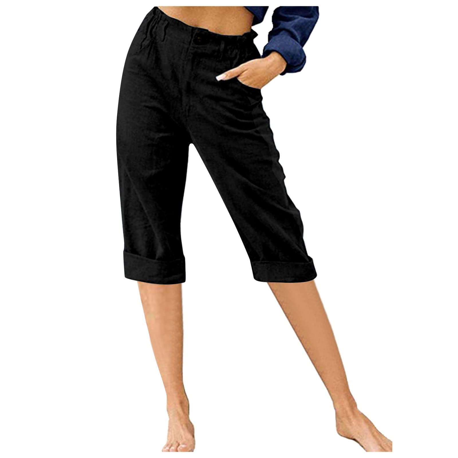 Women's Cotton Linen Shorts - Folded Hem Knee-Length with Elastic Waist | Summer Casual & Dressy Wear