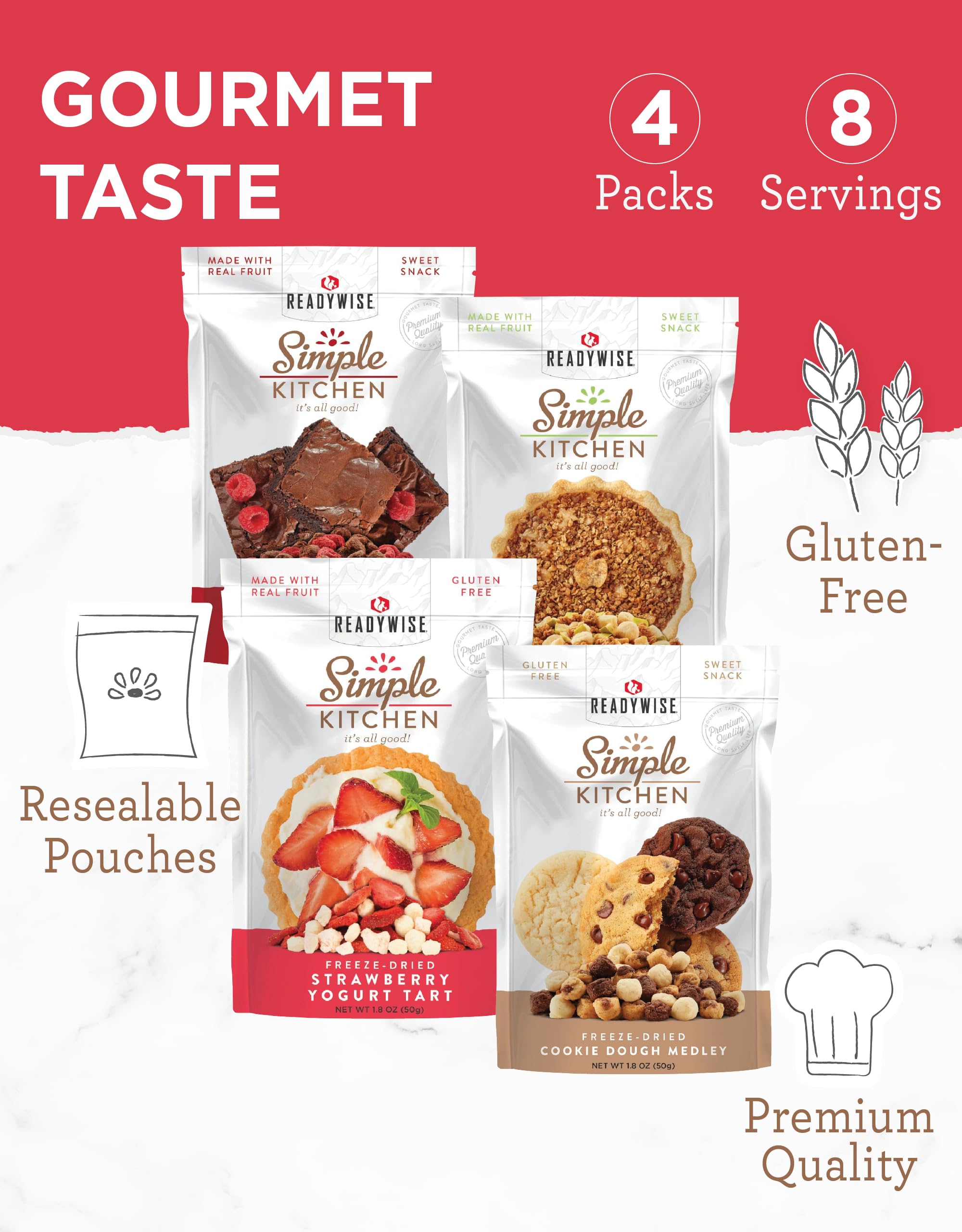 READYWISE Simple Kitchen Sweet Treats Variety Pack - 8 Servings, Pack of 4 | Organic Fruit Snacks, Healthy Chips & Gluten-Free Options | Perfect for Camping, Hiking, Backpacking & Emergency Food Storage | Resealable Pouch for Freshness