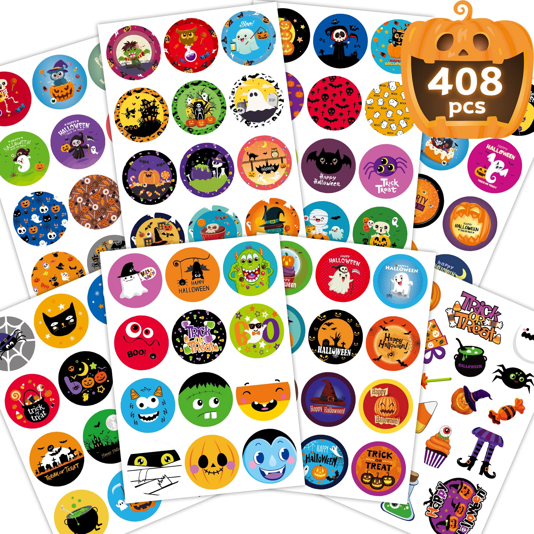 408PCS Halloween Stickers Bulk - Cute Round Pumpkin Stickers for Kids, Party Favors, Envelopes & DIY Crafts | Perfect for Halloween Decorations, School Projects & Scrapbooking
