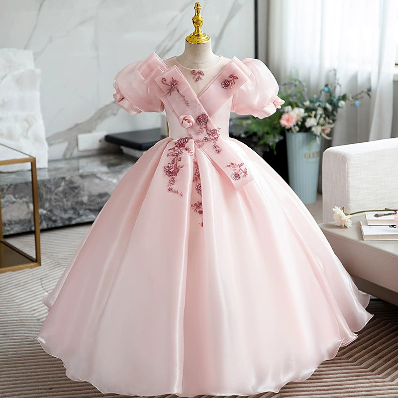 Pink Princess Round Floor Length Organza Flower Girl Dress for Weddings, Pageants & Special Occasions
